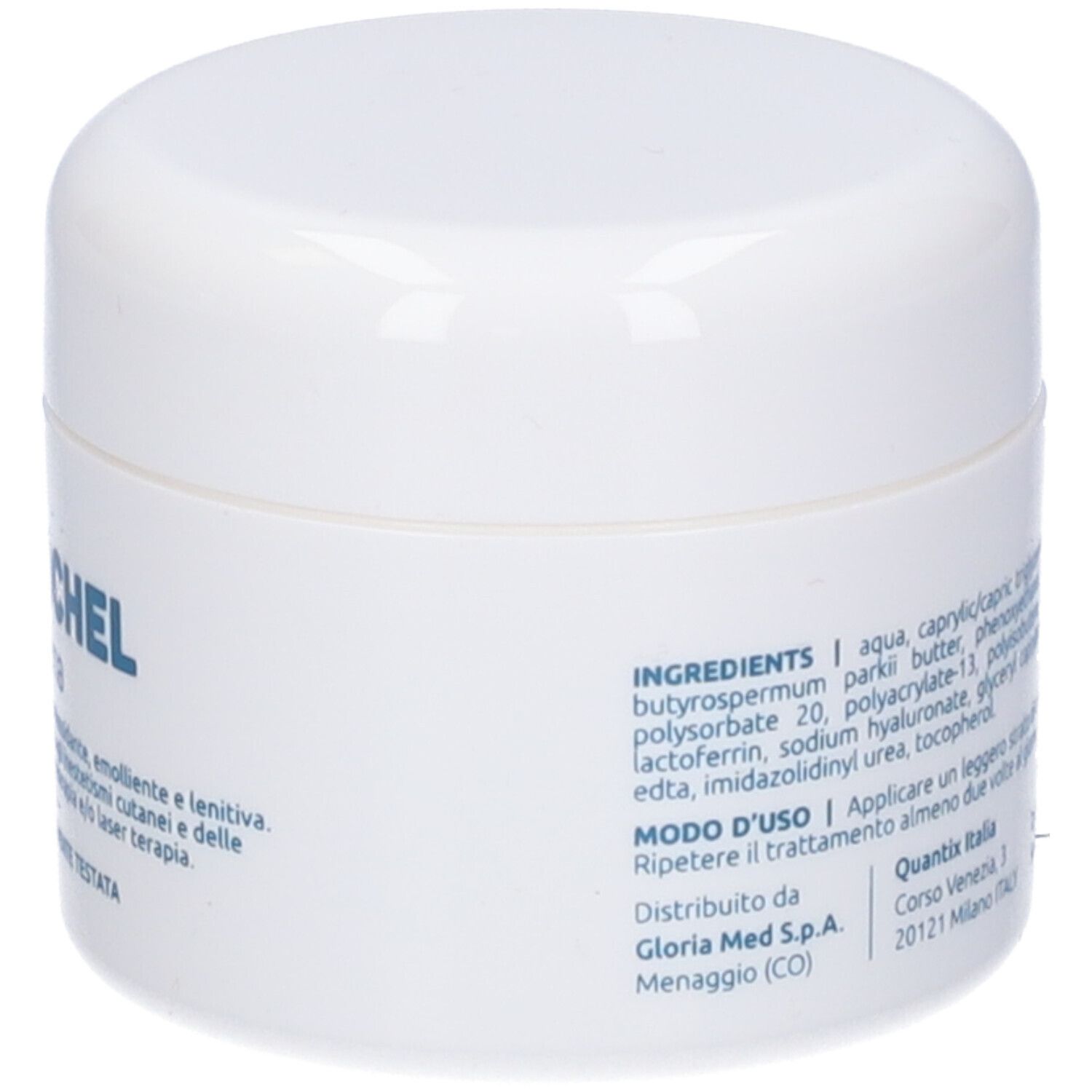 Vaso bianco con elenco ingredienti e testo. Scritta: "HYALOCHEL Creme". Volume: 50 ml.
