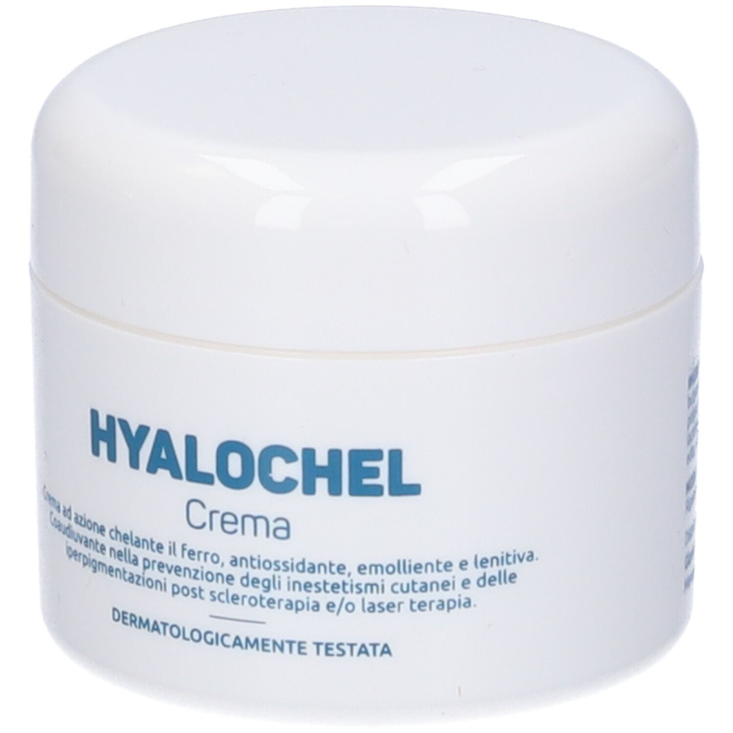 Vaso bianco con scritta "HYALOCHEL Creme". Testo: "Crema ad azione chelante... Dermatologicamente testata".