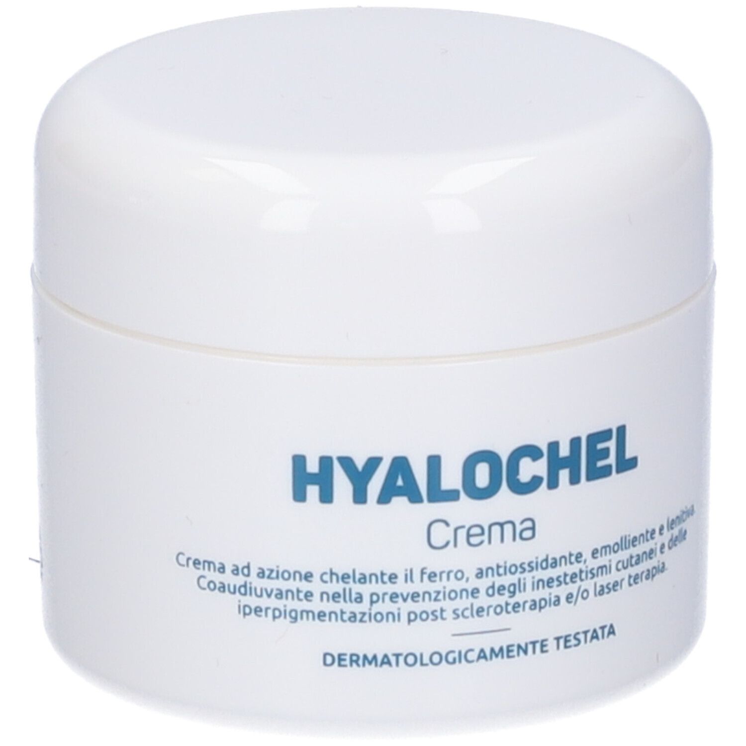 Vaso bianco con scritta "HYALOCHEL Creme". Testo: "Crema ad azione chelante... Dermatologicamente testata".