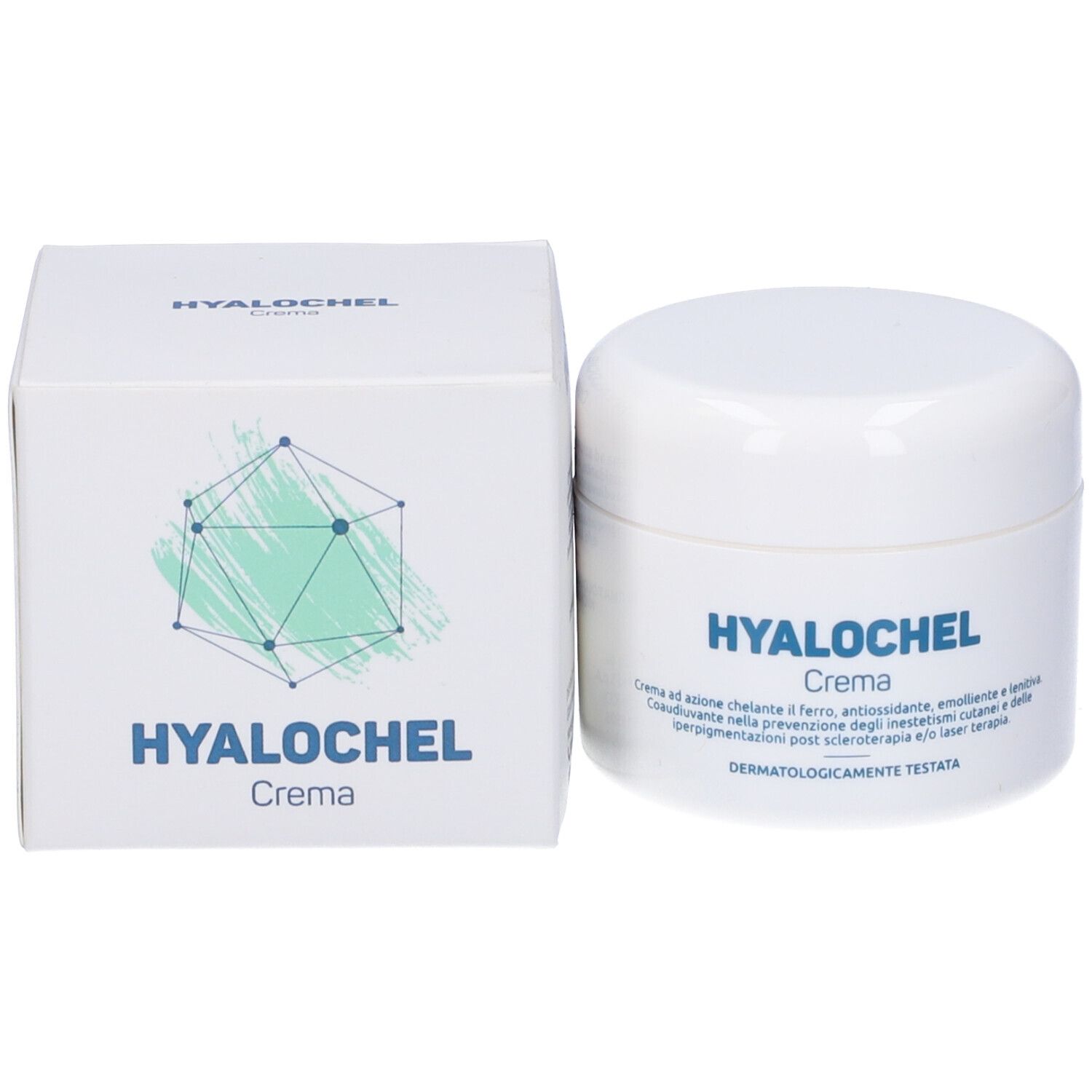 Vaso di crema e scatola. Sul vaso e sulla scatola c'è scritto "HYALOCHEL Creme".