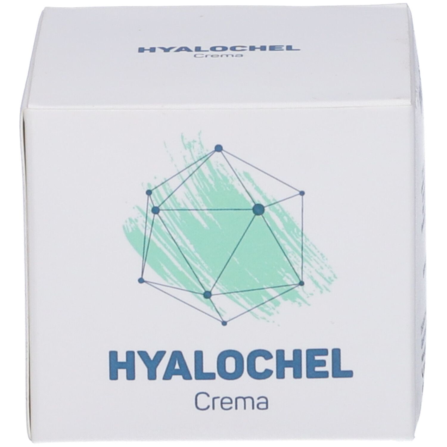 Scatola con scritta "HYALOCHEL Creme". Motivo geometrico turchese.