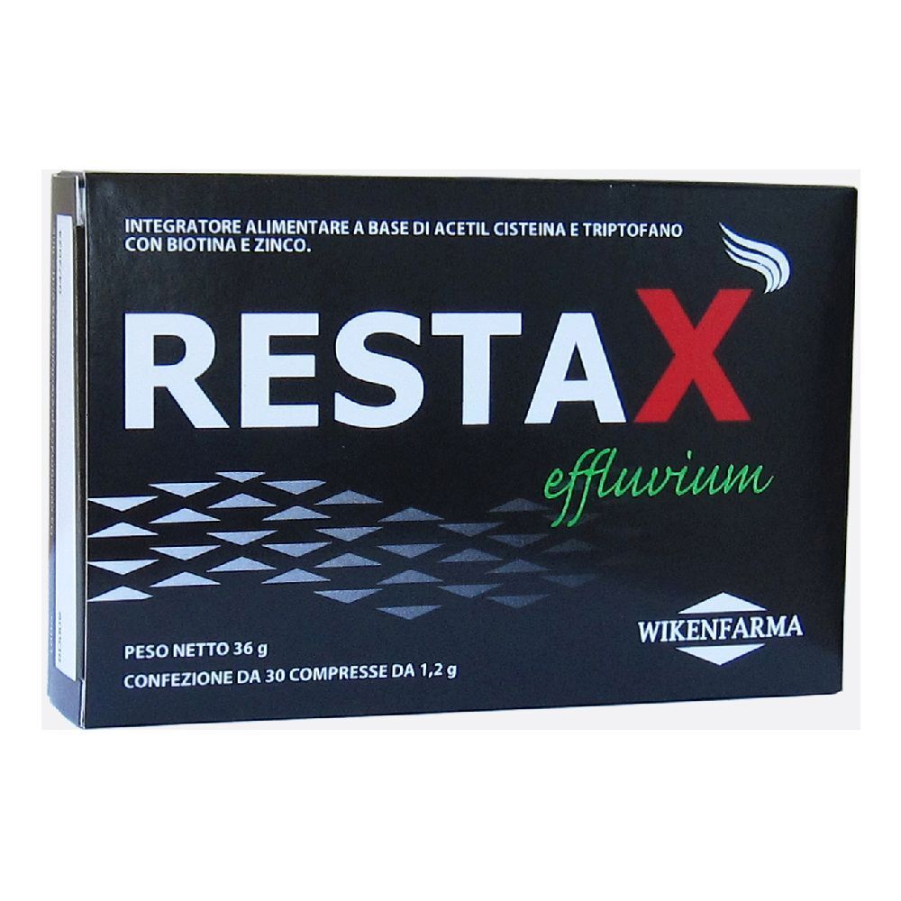 Scatola nera con testo bianco e rosso. Contiene 30 compresse. Marca: Wikenfarma. Nome prodotto: Restax Effluvium.