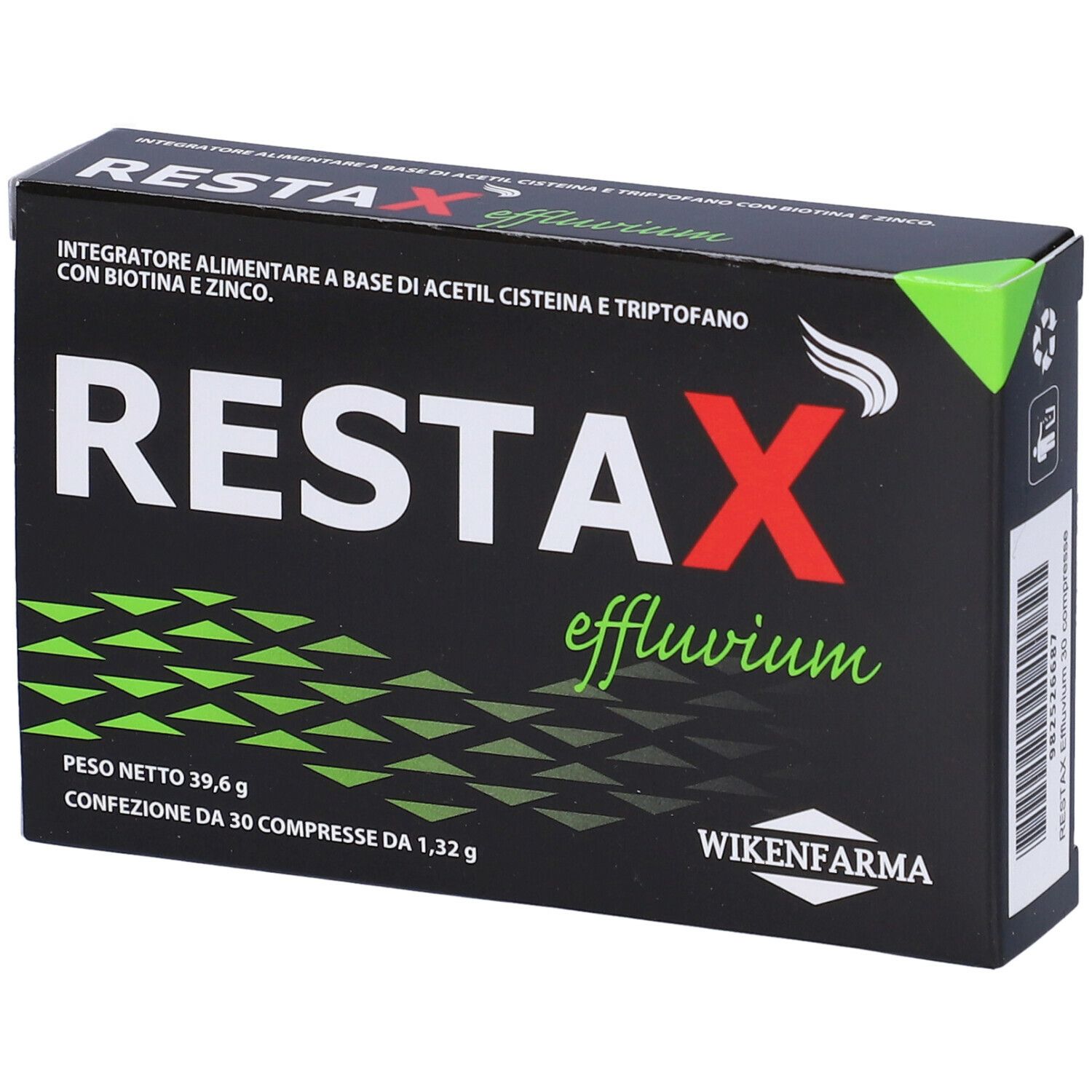 Scatola nera con testo bianco e rosso. Contiene 30 compresse. Marca: Wikenfarma. Nome prodotto: Restax Effluvium.