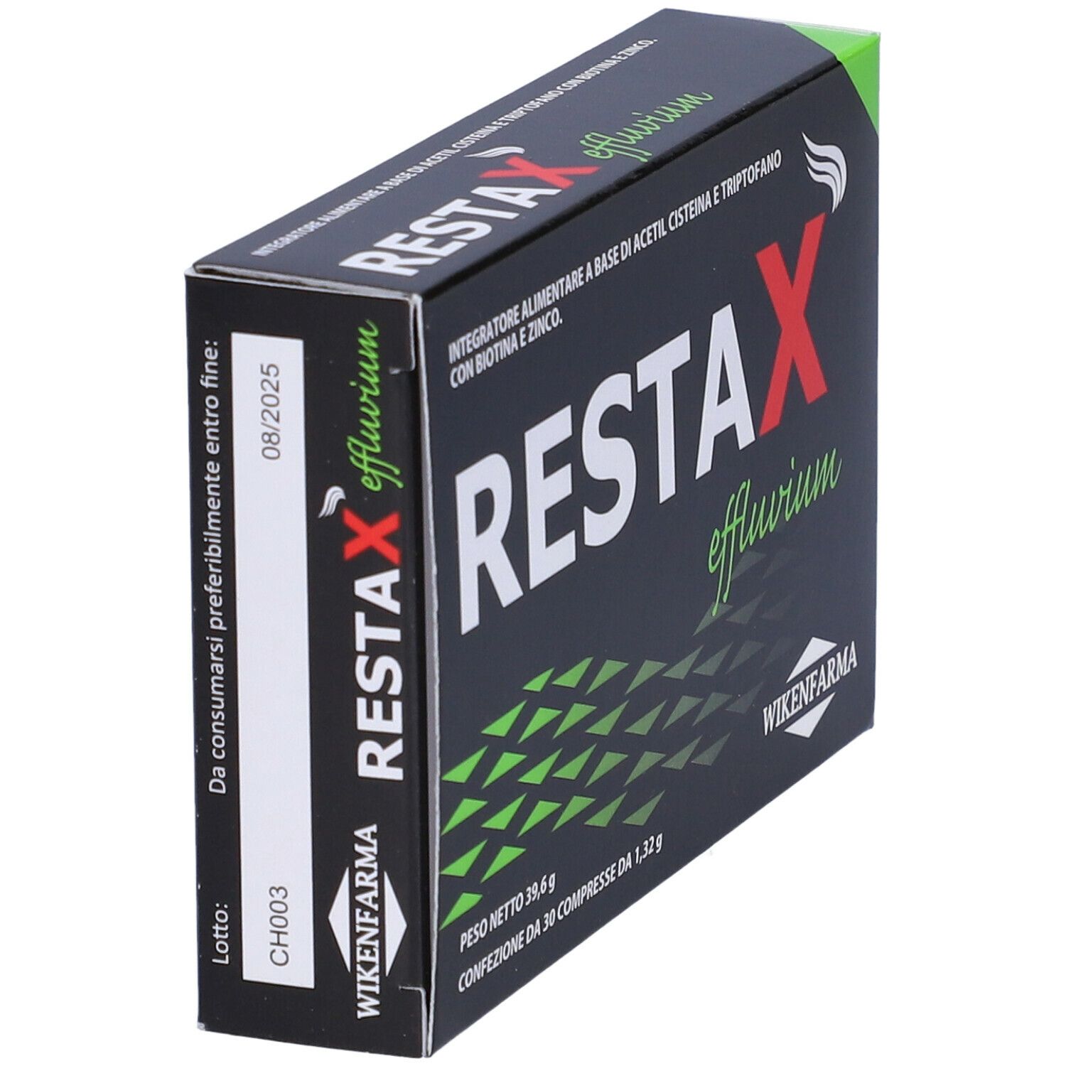 Scatola nera con testo bianco e rosso. Contiene 30 compresse. Marca: Wikenfarma. Nome prodotto: Restax Effluvium.