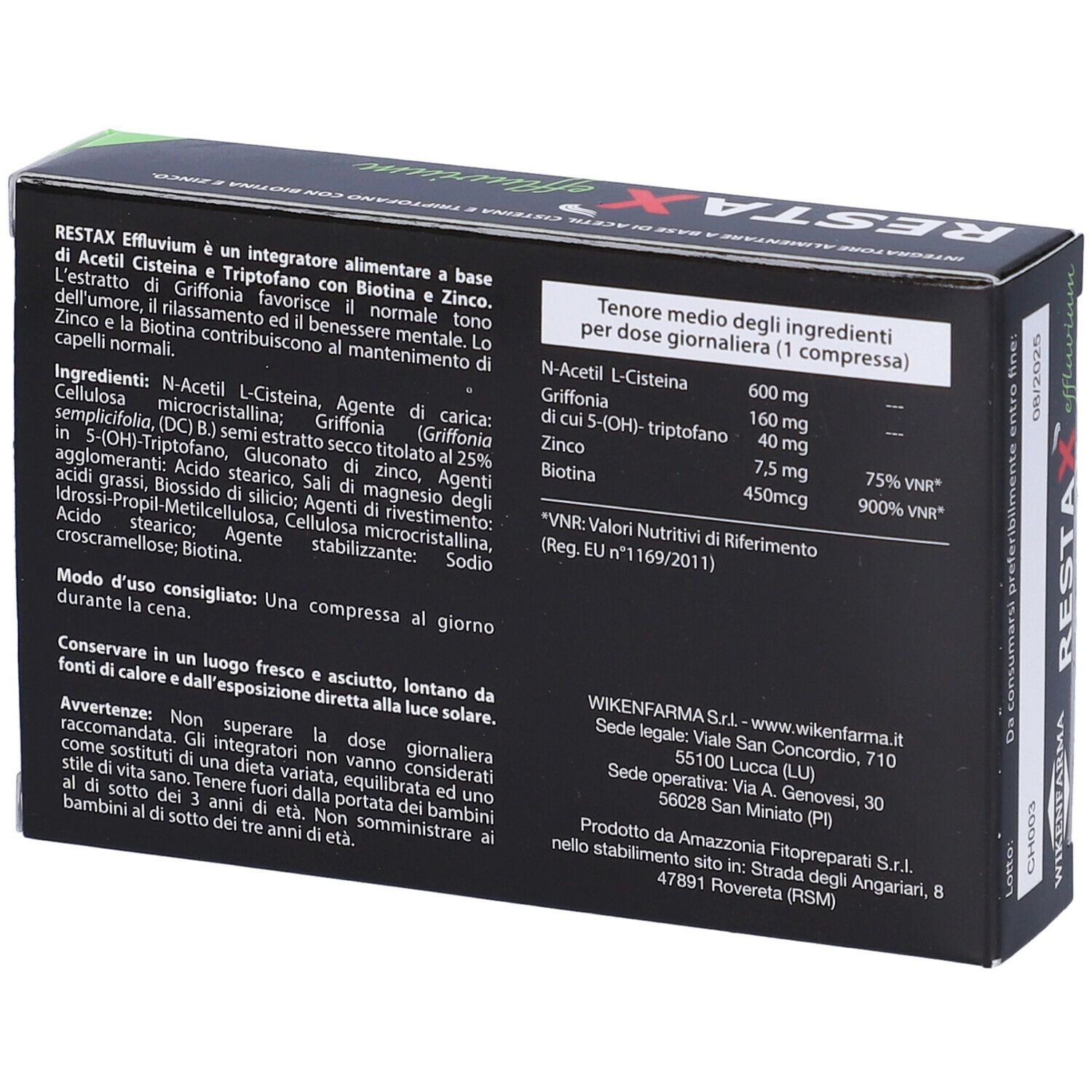 Scatola nera con testo bianco e rosso. Contiene 30 compresse. Marca: Wikenfarma. Nome prodotto: Restax Effluvium. Retro con informazioni.
