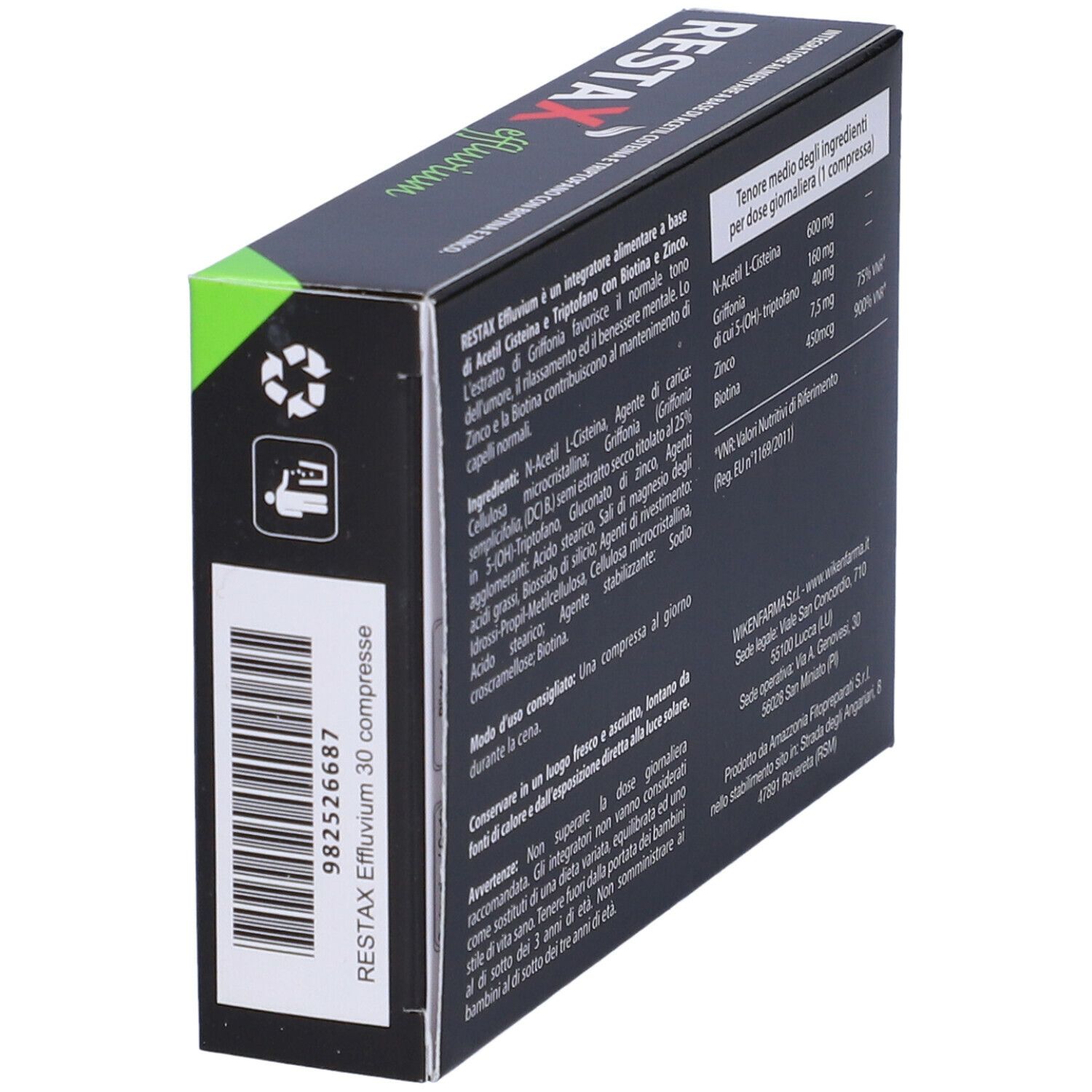 Scatola nera con testo bianco e rosso. Contiene 30 compresse. Marca: Wikenfarma. Nome prodotto: Restax Effluvium. Retro con informazioni.