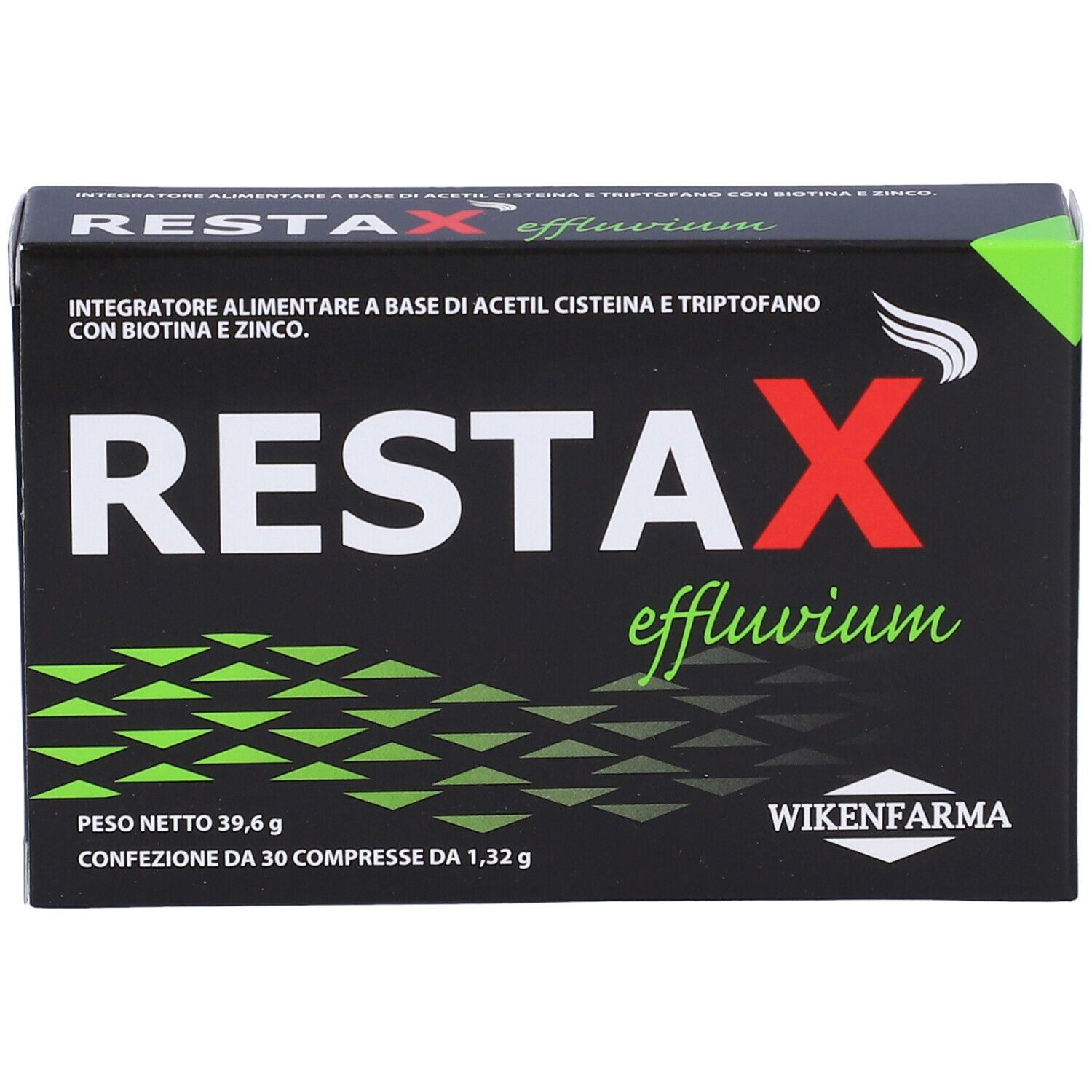 Scatola nera con testo bianco e rosso. Contiene 30 compresse. Marca: Wikenfarma. Nome prodotto: Restax Effluvium.