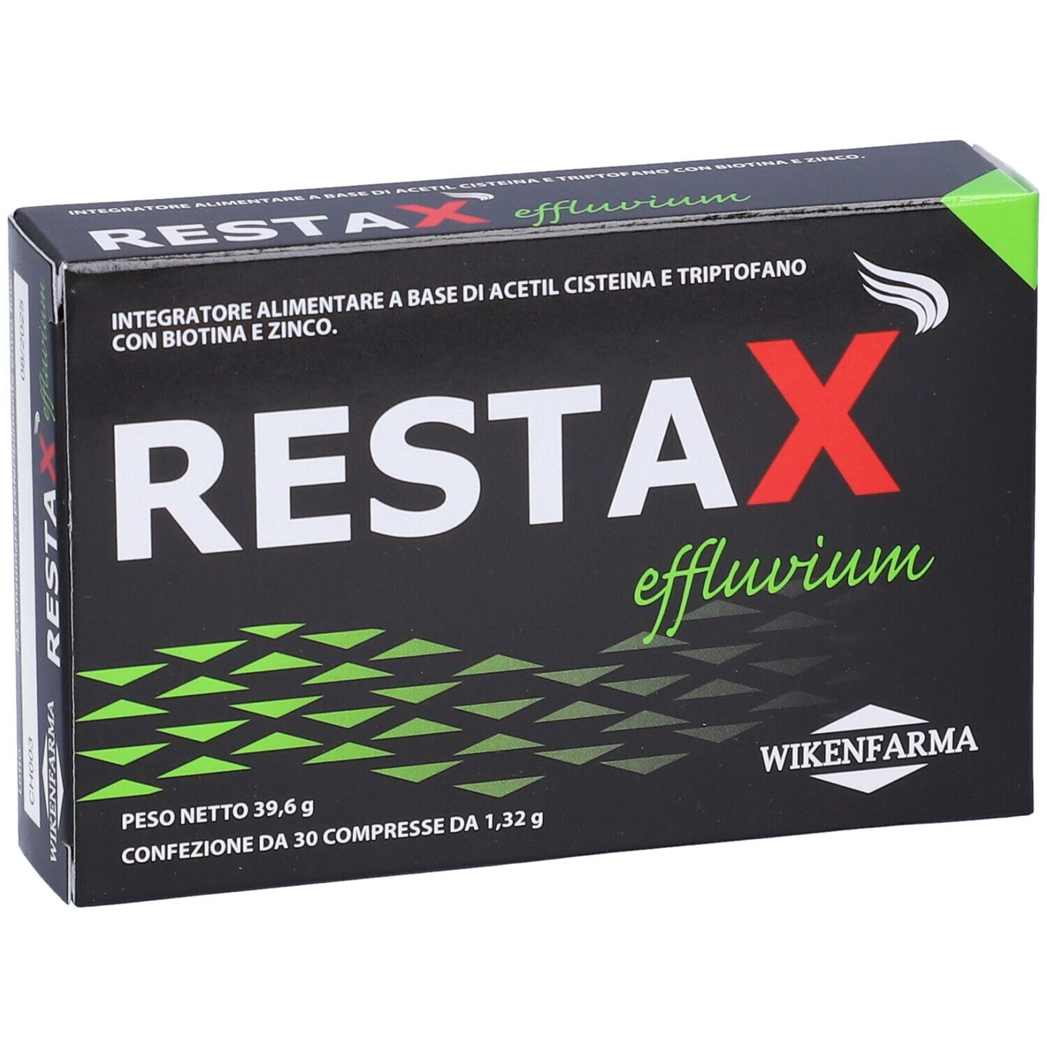 Scatola nera con testo bianco e rosso. Contiene 30 compresse. Marca: Wikenfarma. Nome prodotto: Restax Effluvium.