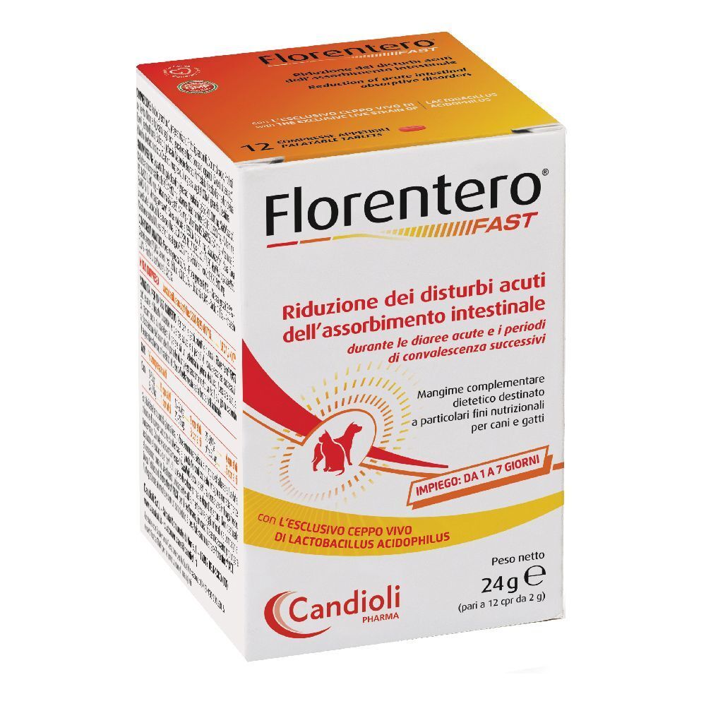Scatola con testo: Florentero FAST, Riduzione dei disturbi acuti dell'assorbimento intestinale. Marca Candioli Pharma. 12 compresse.