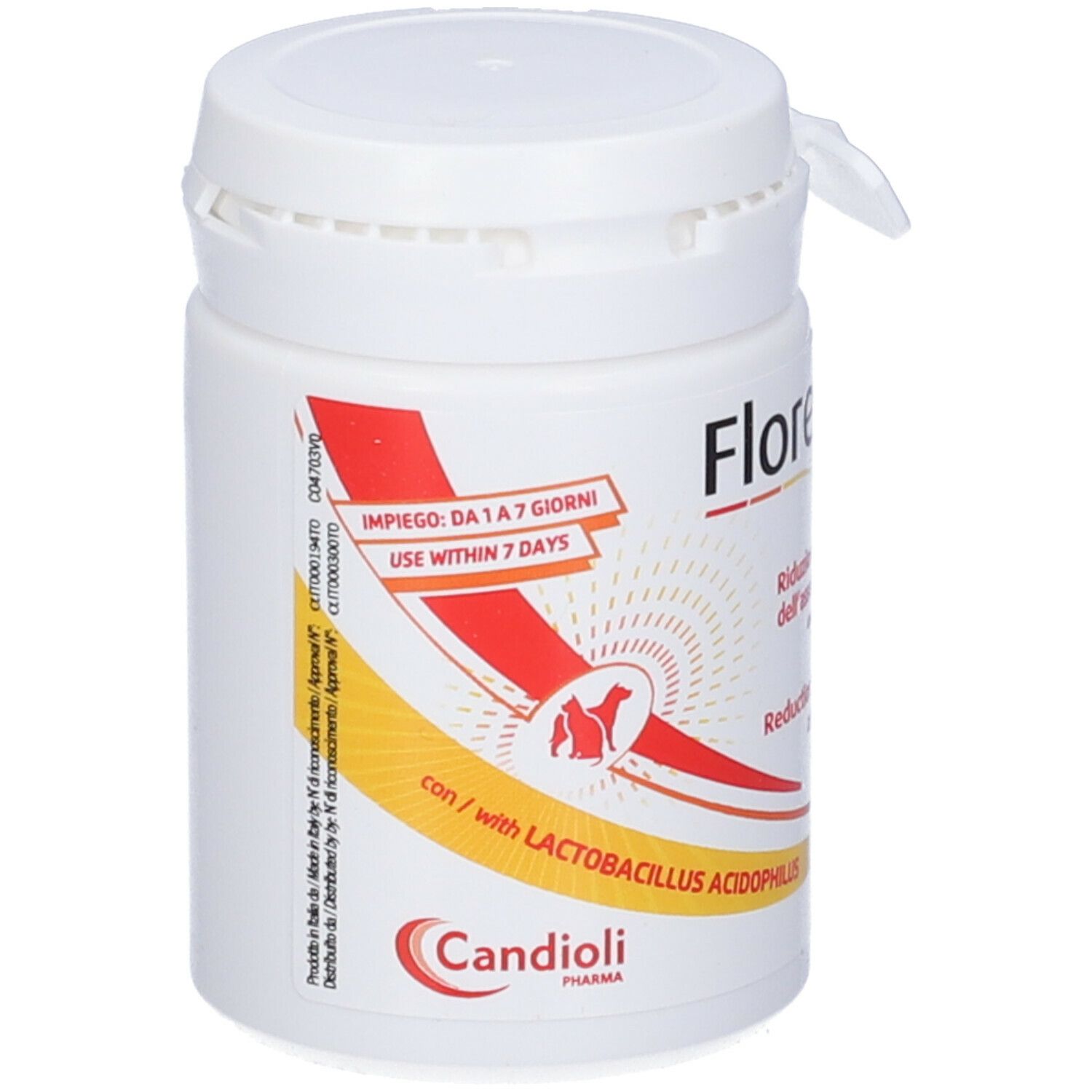 Contenitore cilindrico bianco con tappo a vite. Testo: Florentero FAST, logo Candioli Pharma. Con adesivo.
