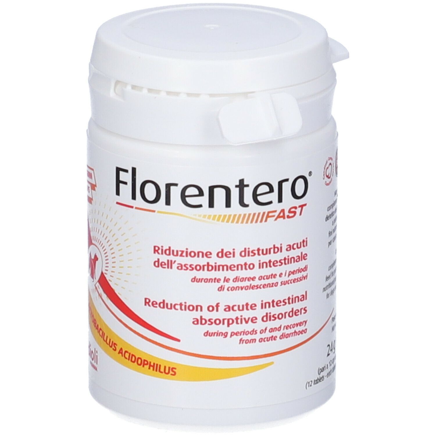 Contenitore cilindrico bianco con tappo a vite. Testo: Florentero FAST, logo Candioli Pharma.