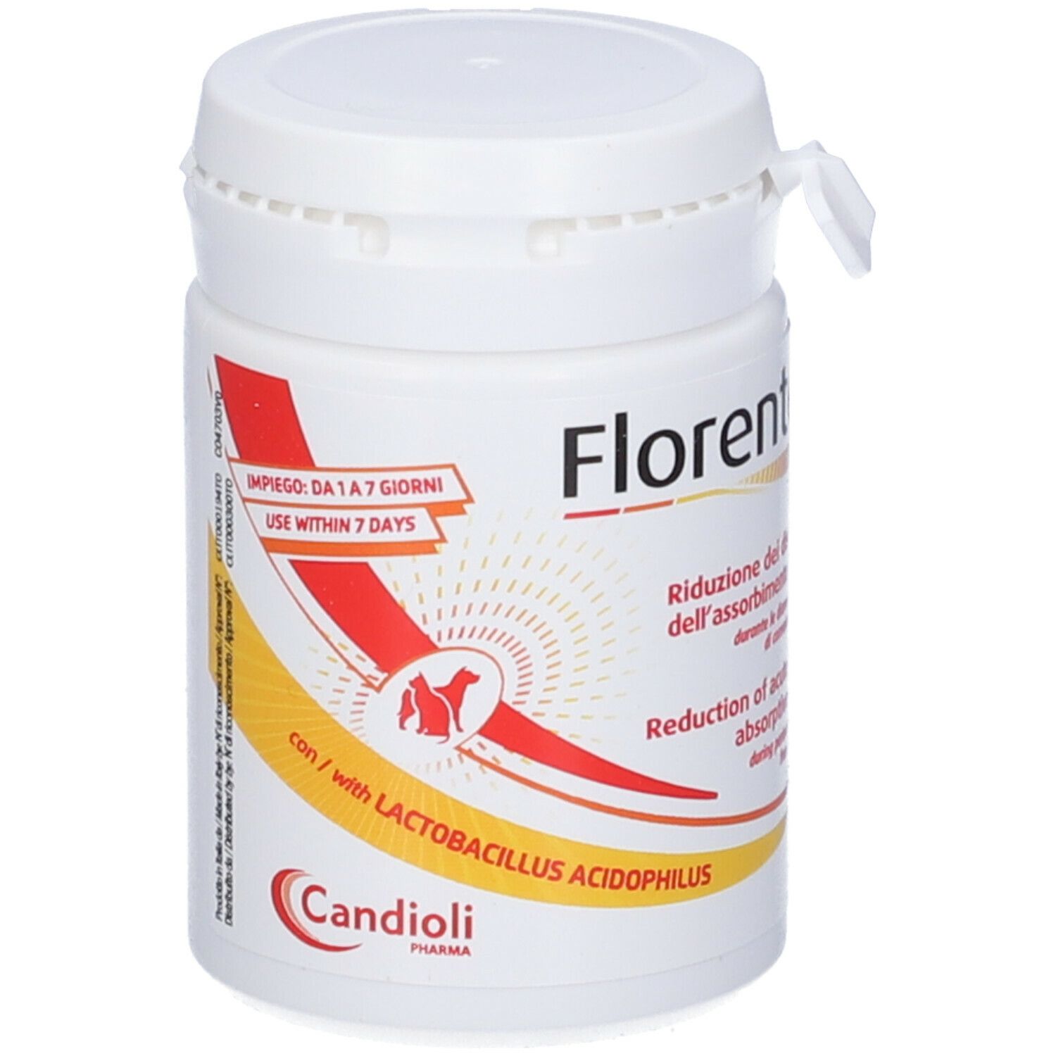 Contenitore cilindrico bianco con tappo a vite. Testo: Florentero FAST, logo Candioli Pharma. Con adesivo.