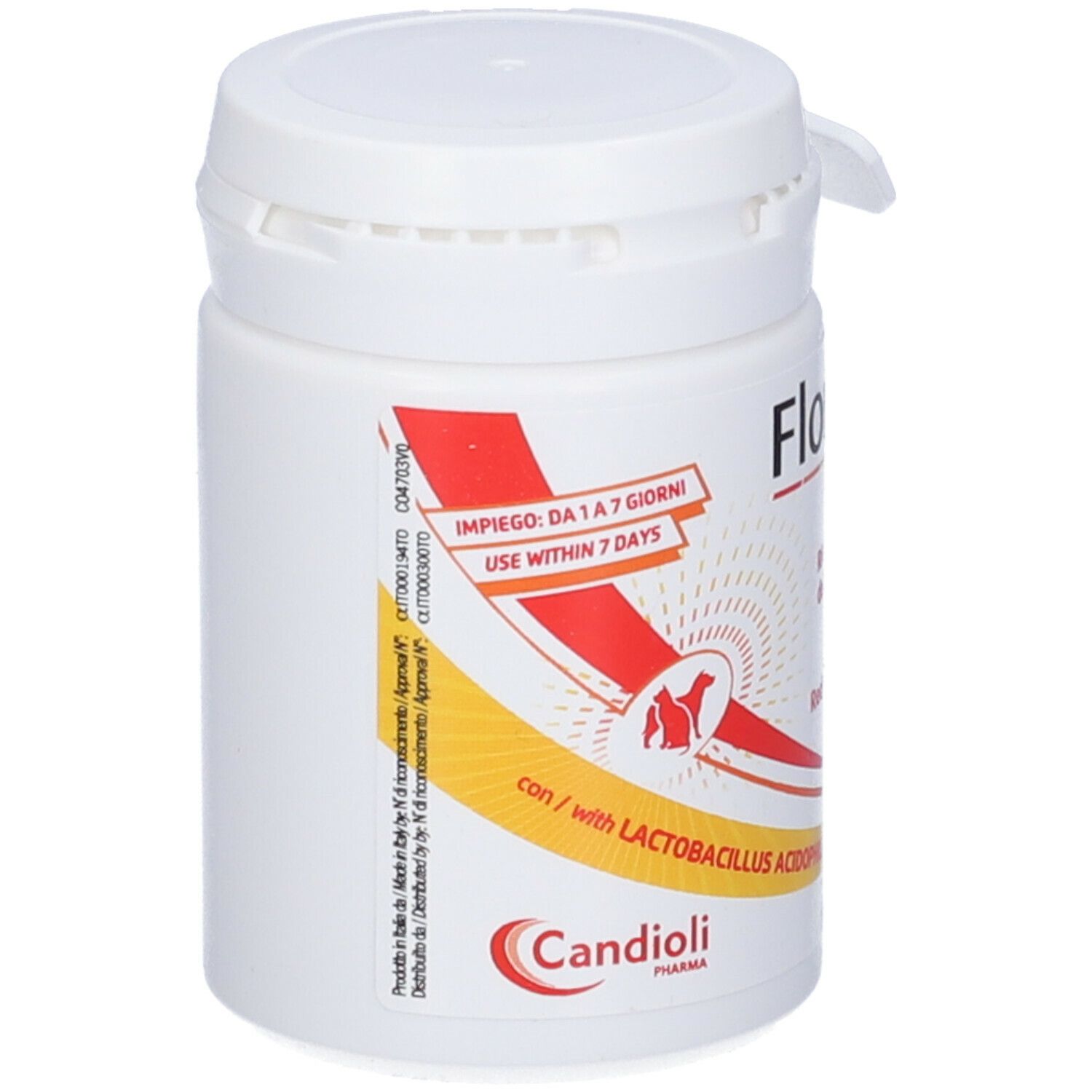 Contenitore cilindrico bianco con tappo a vite. Testo: Florentero FAST, logo Candioli Pharma. Con adesivo.