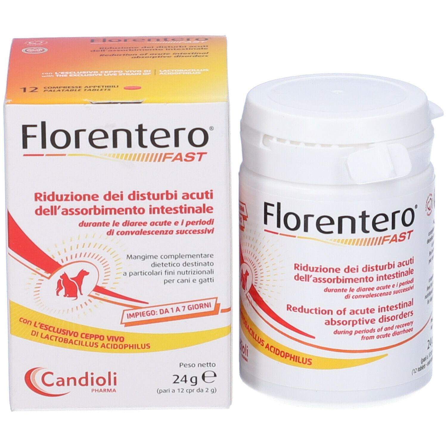 Confezione del prodotto: scatola e contenitore. Testo: Florentero FAST, logo Candioli Pharma. Contenitore con tappo a vite.