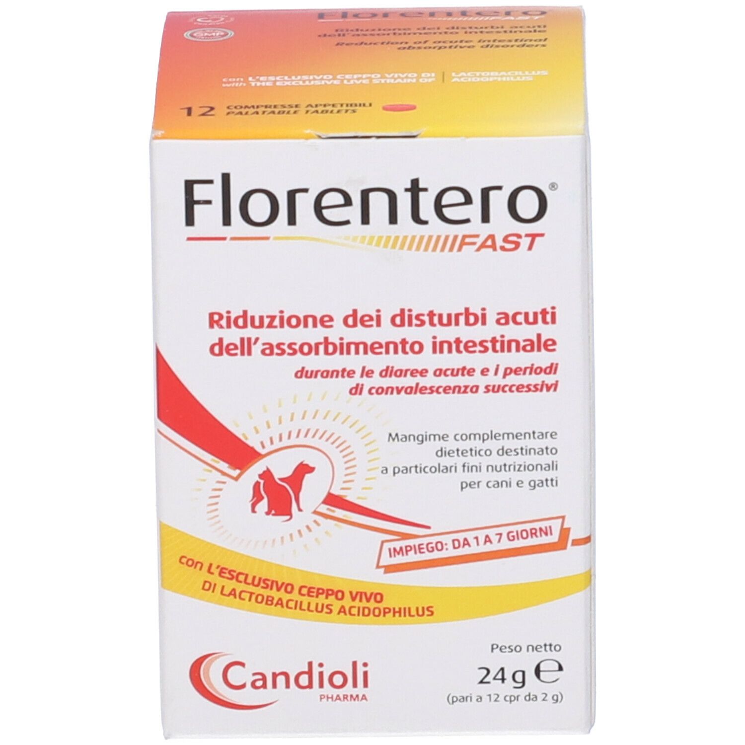 Scatola con testo: Florentero FAST, Riduzione dei disturbi acuti dell'assorbimento intestinale. Marca Candioli Pharma.