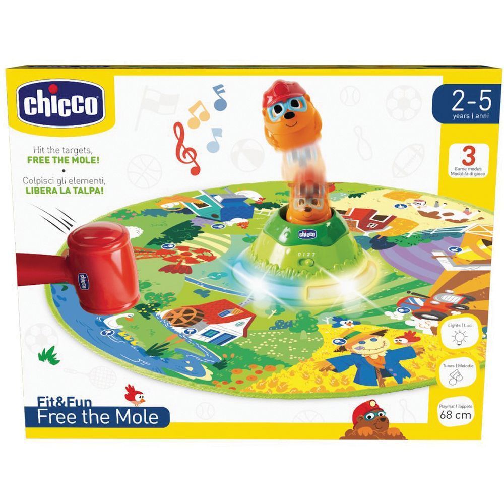 Gioco con martello e talpa. Scritta: Chicco, Free the Mole. Età: 2-5 anni. Diametro: 68 cm.