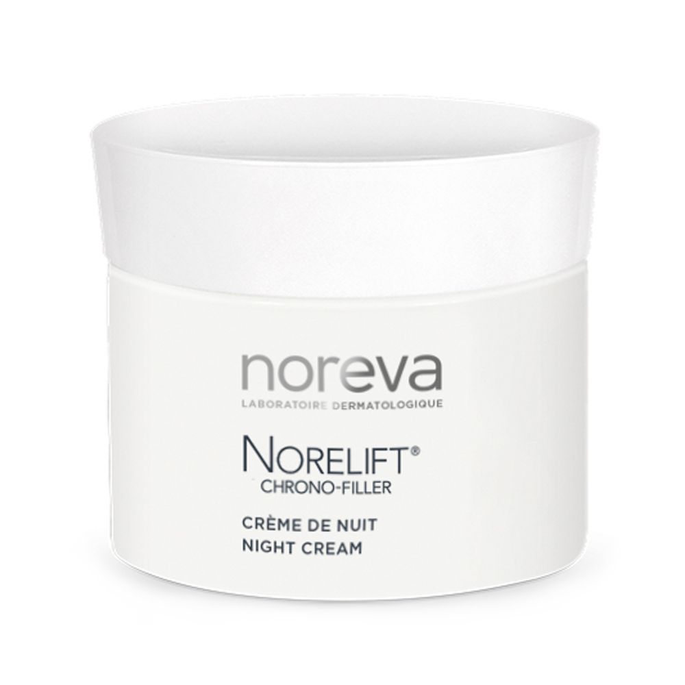 Vaso bianco con coperchio. Scritta: Noreva, Norelift, Crème de Nuit, Night Cream.