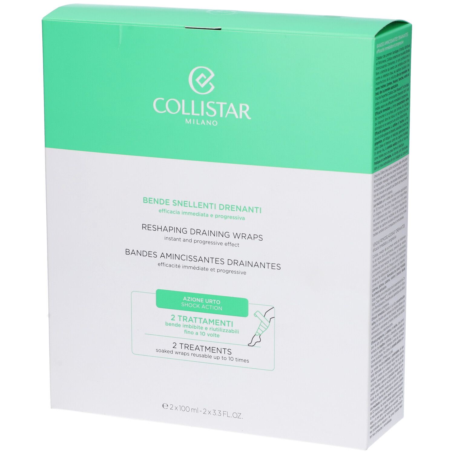 Confezione COLLISTAR Bende Snellenti Drenanti. Scatola verde e bianca con logo e nome. Contiene 2 trattamenti.