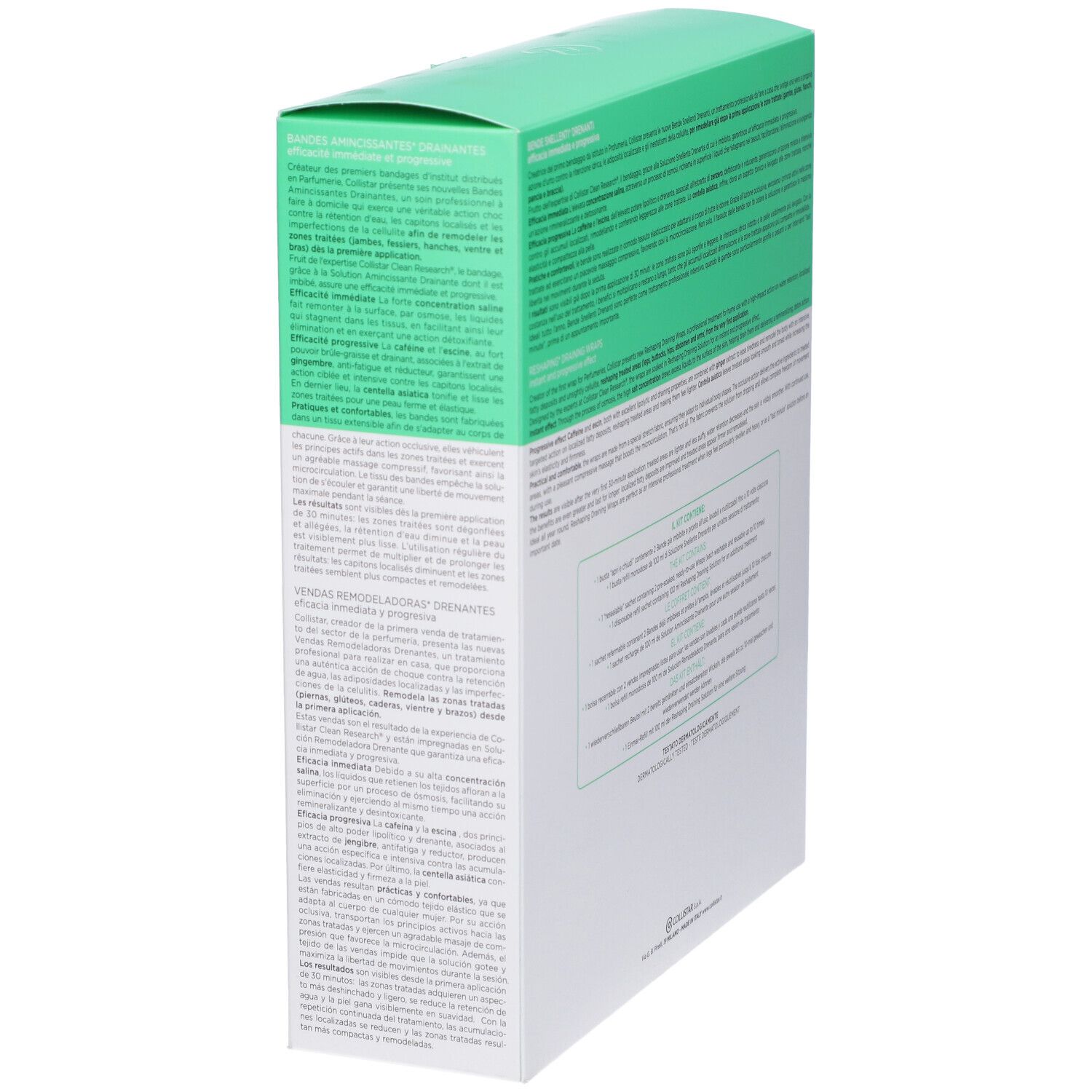 Vista laterale della confezione COLLISTAR Bende Snellenti Drenanti. Scatola verde e bianca con testo. 2 trattamenti.
