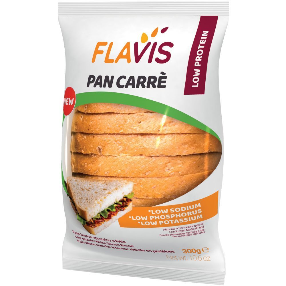 Confezione di FLAVIS Pan Carrè. Scritte: Low Protein, Low Sodium, Low Phosphorus, Low Potassium. Immagine di un sandwich.