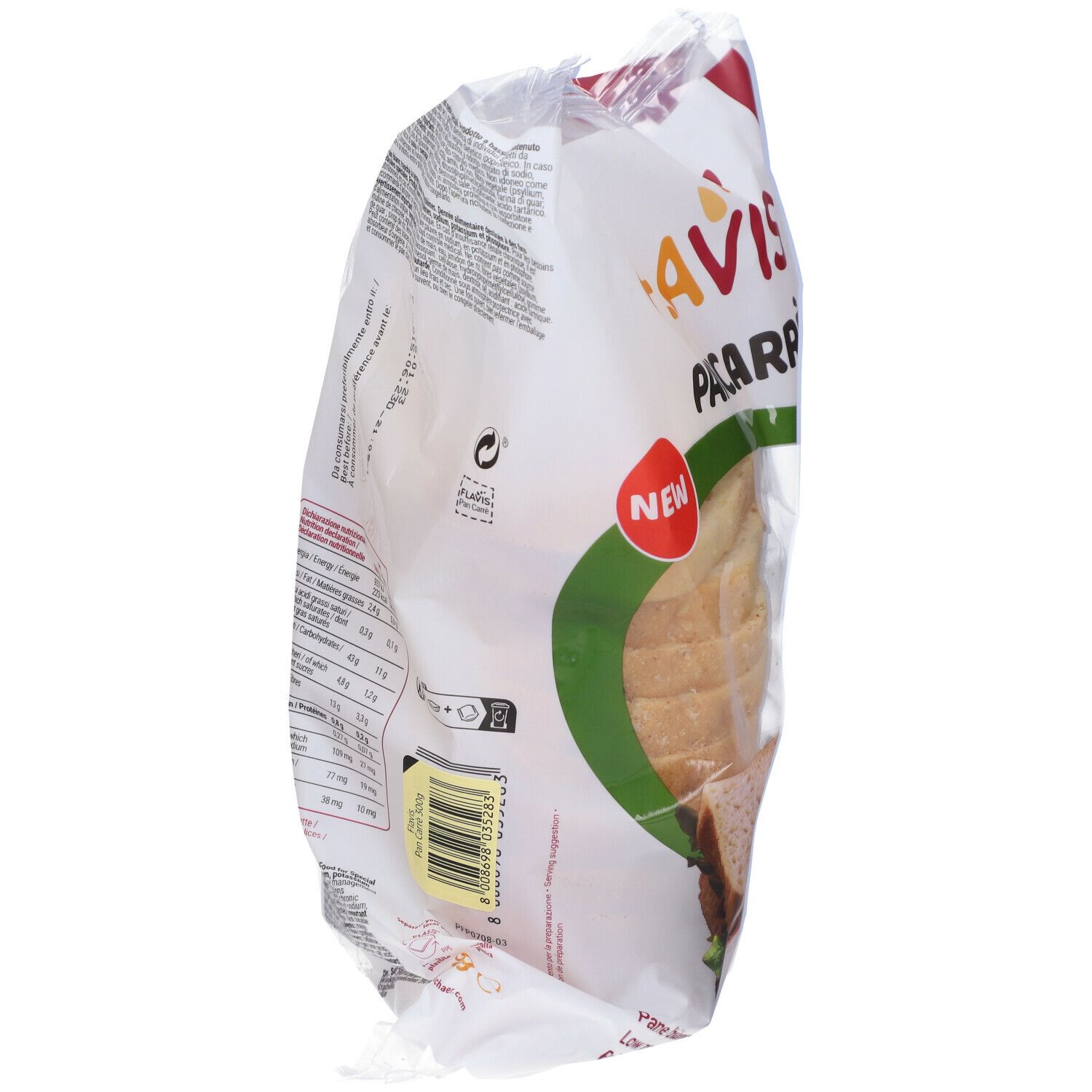 Confezione di FLAVIS Pan Carrè. Vista laterale. Testo e codice a barre visibili. Scritta: Low Protein.