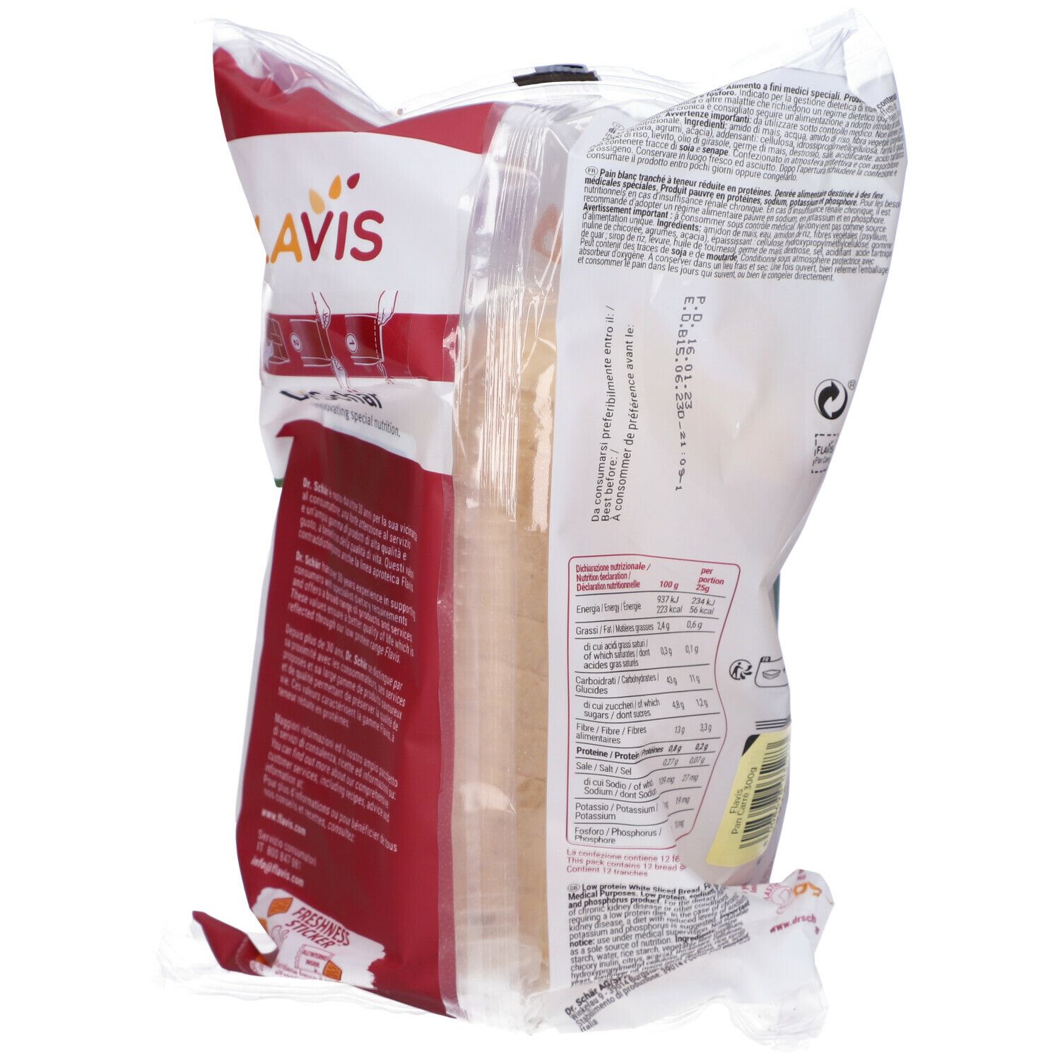 Retro della confezione di FLAVIS Pan Carrè. Testo e informazioni nutrizionali visibili. Scritta: Low Protein.