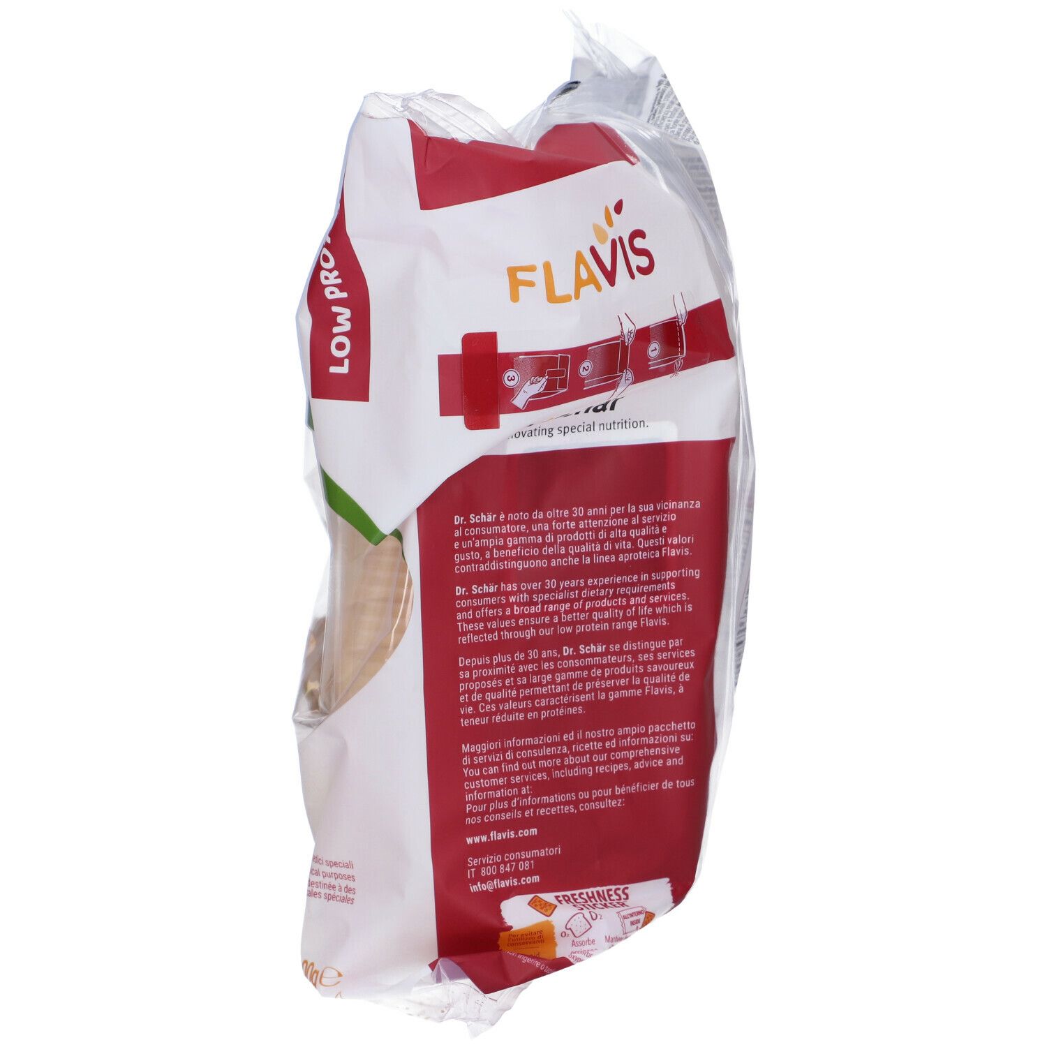 Confezione di FLAVIS Pan Carrè. Vista laterale. Testo e logo visibili. Scritta: Low Protein.