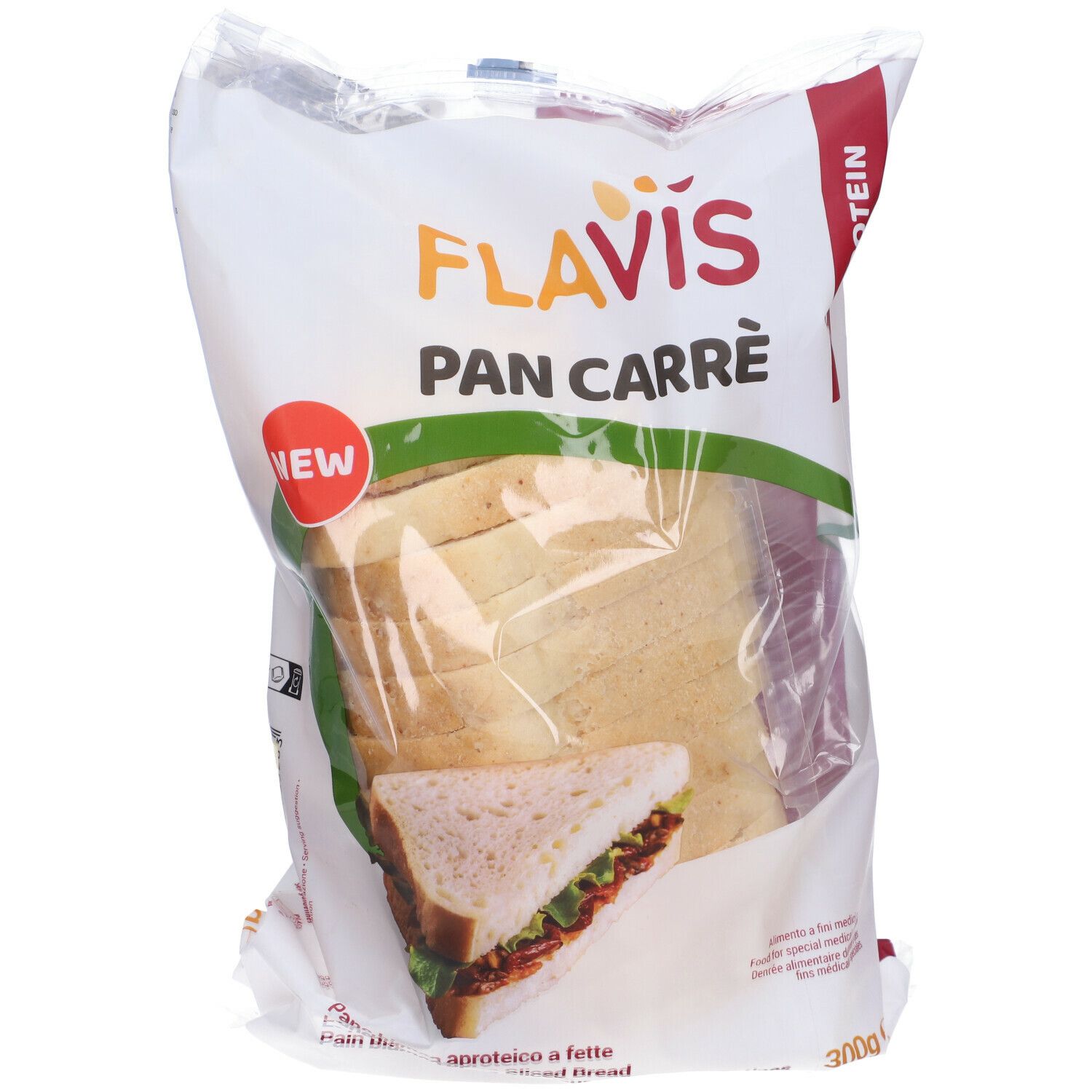 Confezione di FLAVIS Pan Carrè. Visibili: fette di pane. Scritta: Low Protein. Immagine di un sandwich.