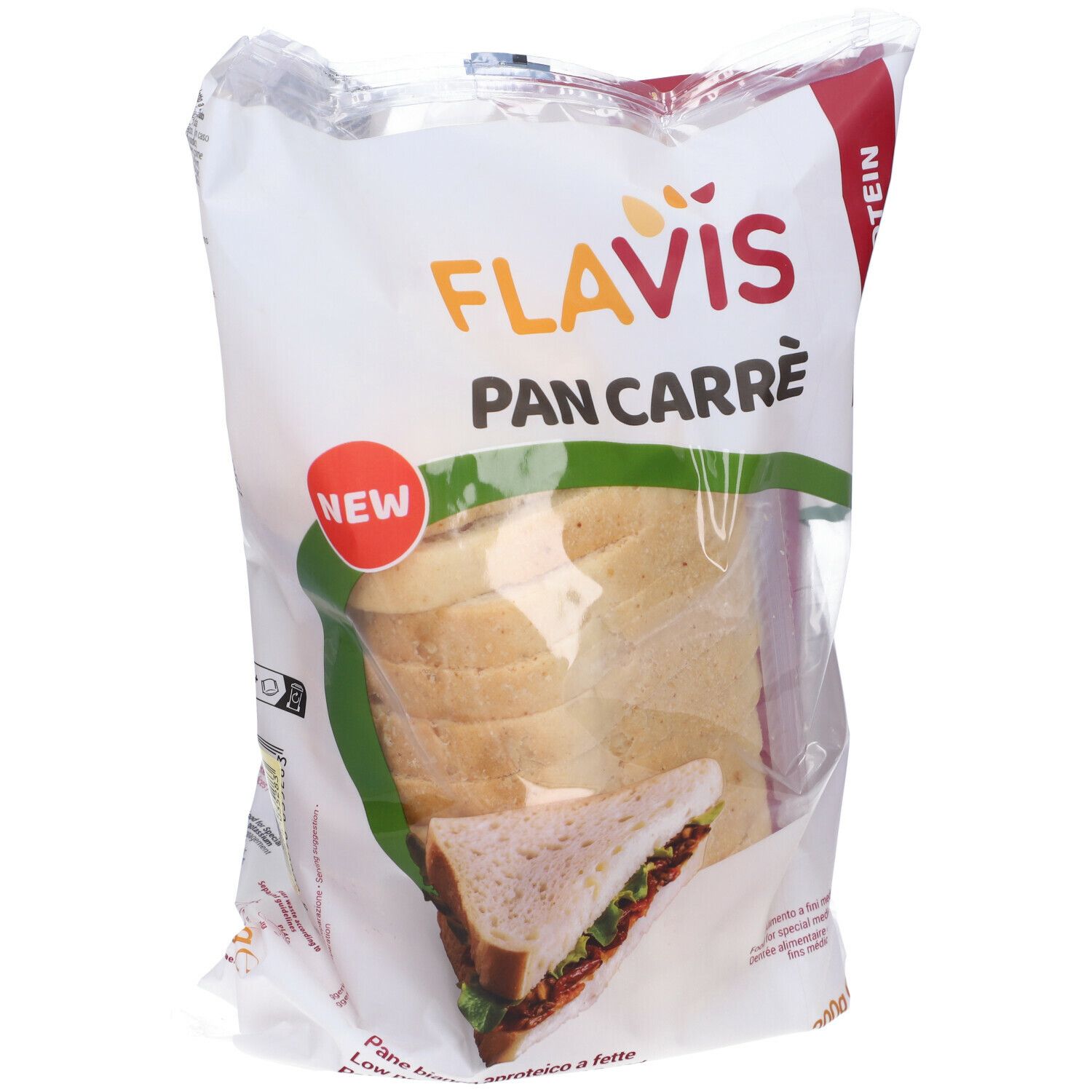 Confezione di FLAVIS Pan Carrè. Visibili: fette di pane. Scritta: Low Protein. Immagine di un sandwich.