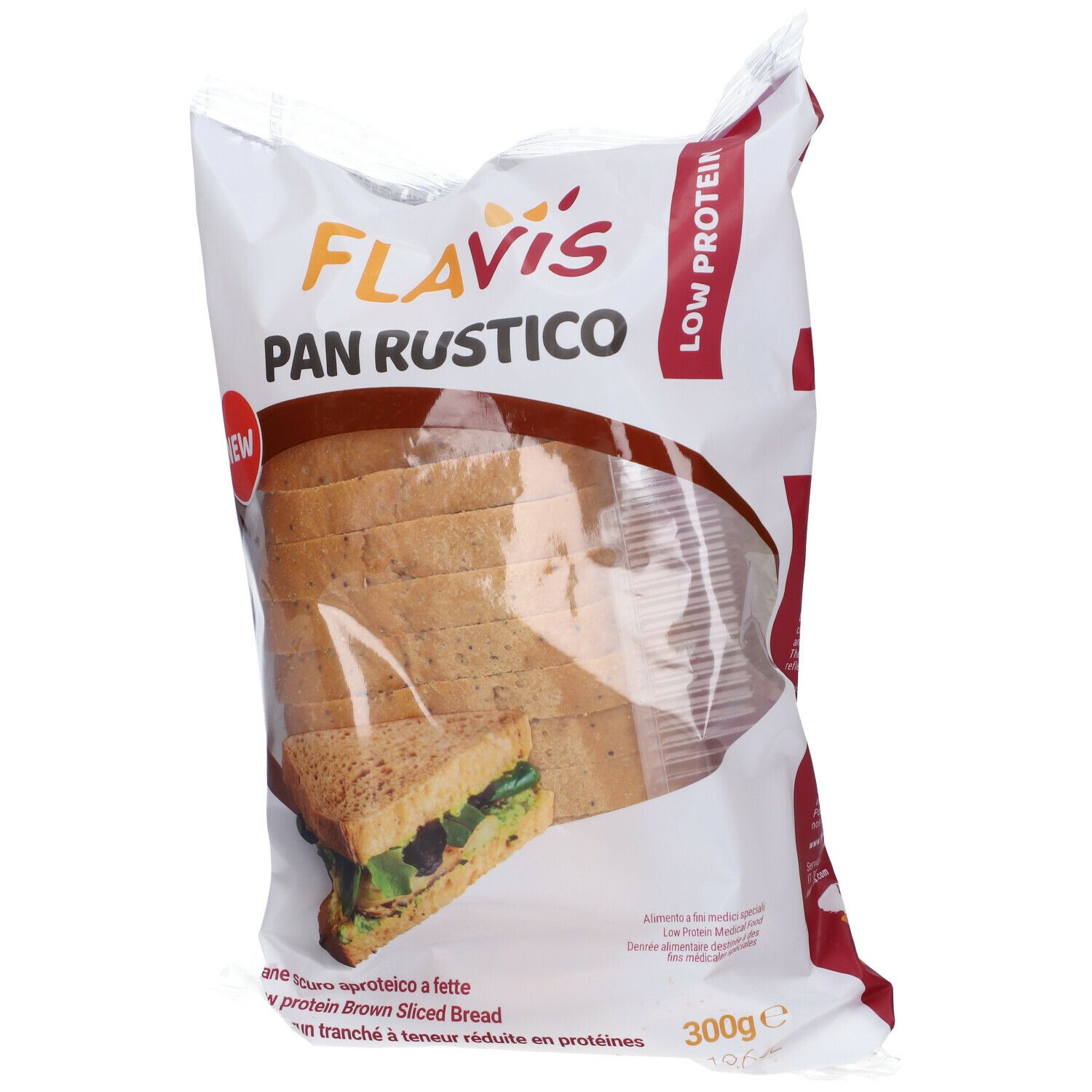 Confezione di FLAVIS Pan Rustico, pane a fette. Scritto: Low Protein, NEW. Visibile: fette di pane, sandwich.