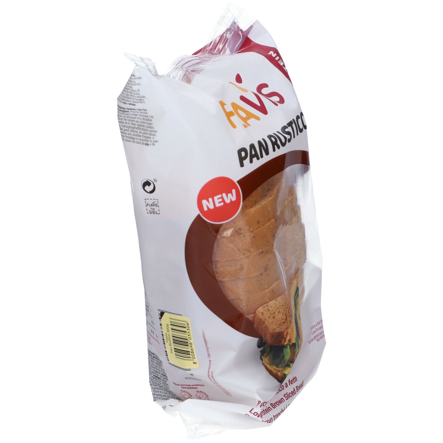 Confezione di FLAVIS Pan Rustico, pane a fette. Scritto: NEW. Visibile: fette di pane, sandwich. Vista obliqua.