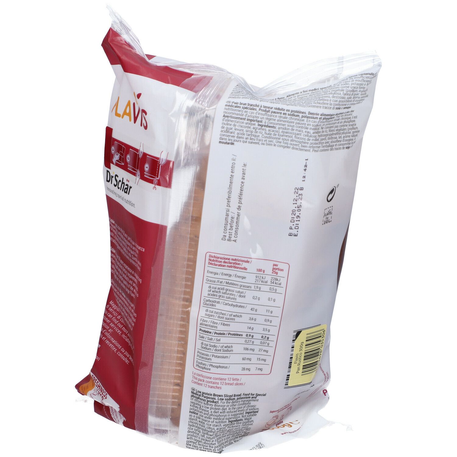 Retro della confezione di FLAVIS Pan Rustico. Visibile: informazioni nutrizionali, elenco ingredienti, codice a barre. Vista obliqua.