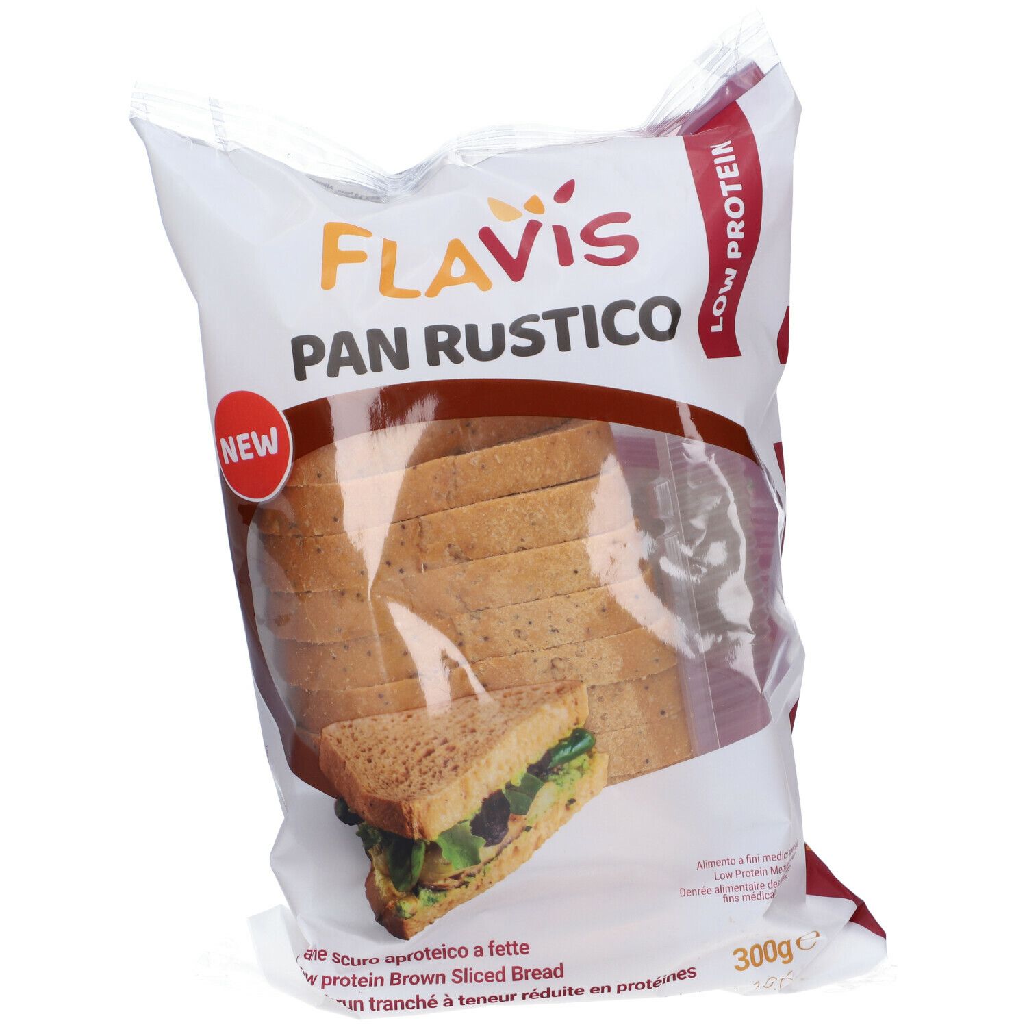 Confezione di FLAVIS Pan Rustico, pane a fette. Scritto: Low Protein, NEW. Visibile: fette di pane, sandwich.