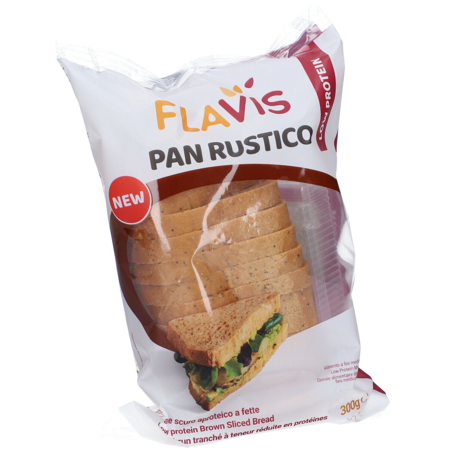 Confezione di FLAVIS Pan Rustico, pane a fette. Scritto: Low Protein, NEW. Visibile: fette di pane, sandwich.