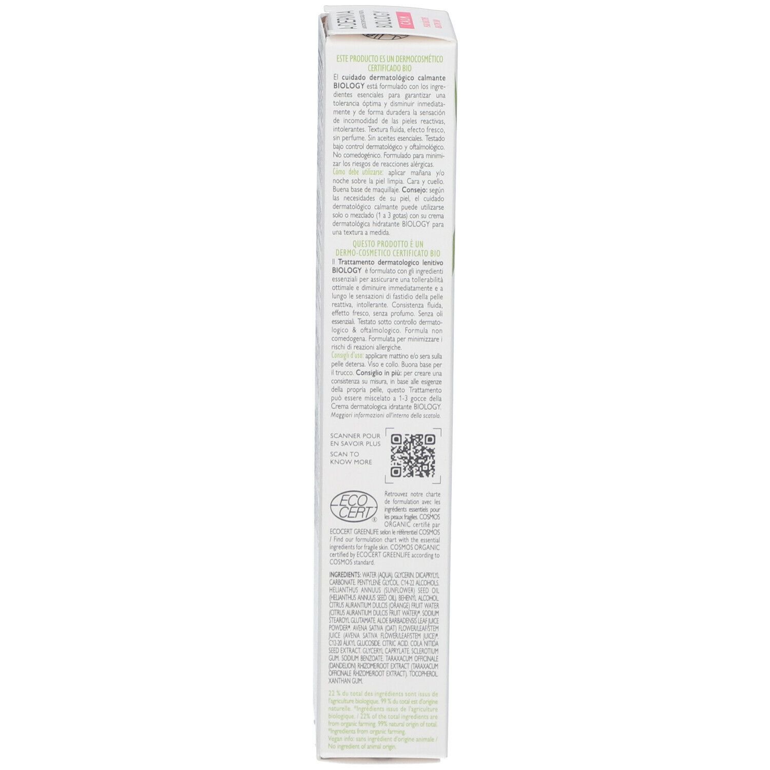 Lato della confezione del prodotto. Testo multilingue. Loghi e certificazioni.