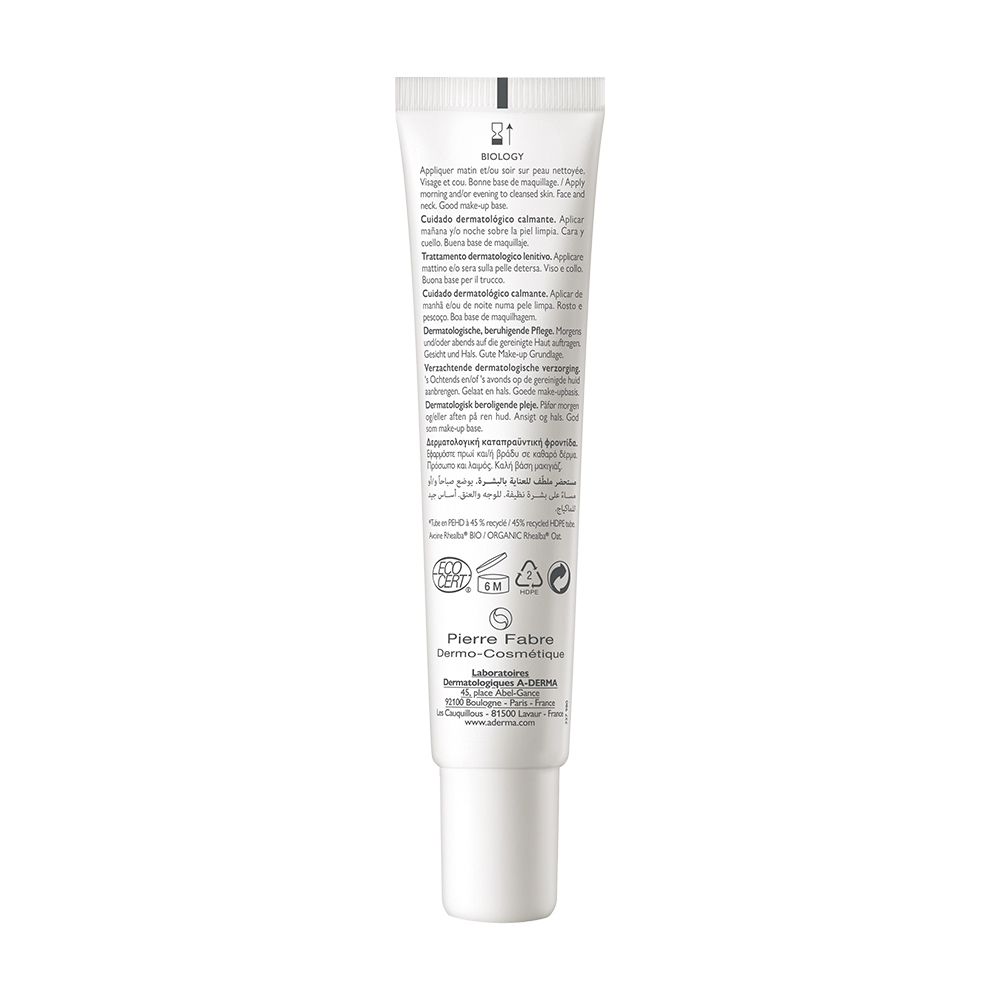 Retro del tubo di crema. Testo multilingue. Loghi e certificazioni. Sfondo bianco.