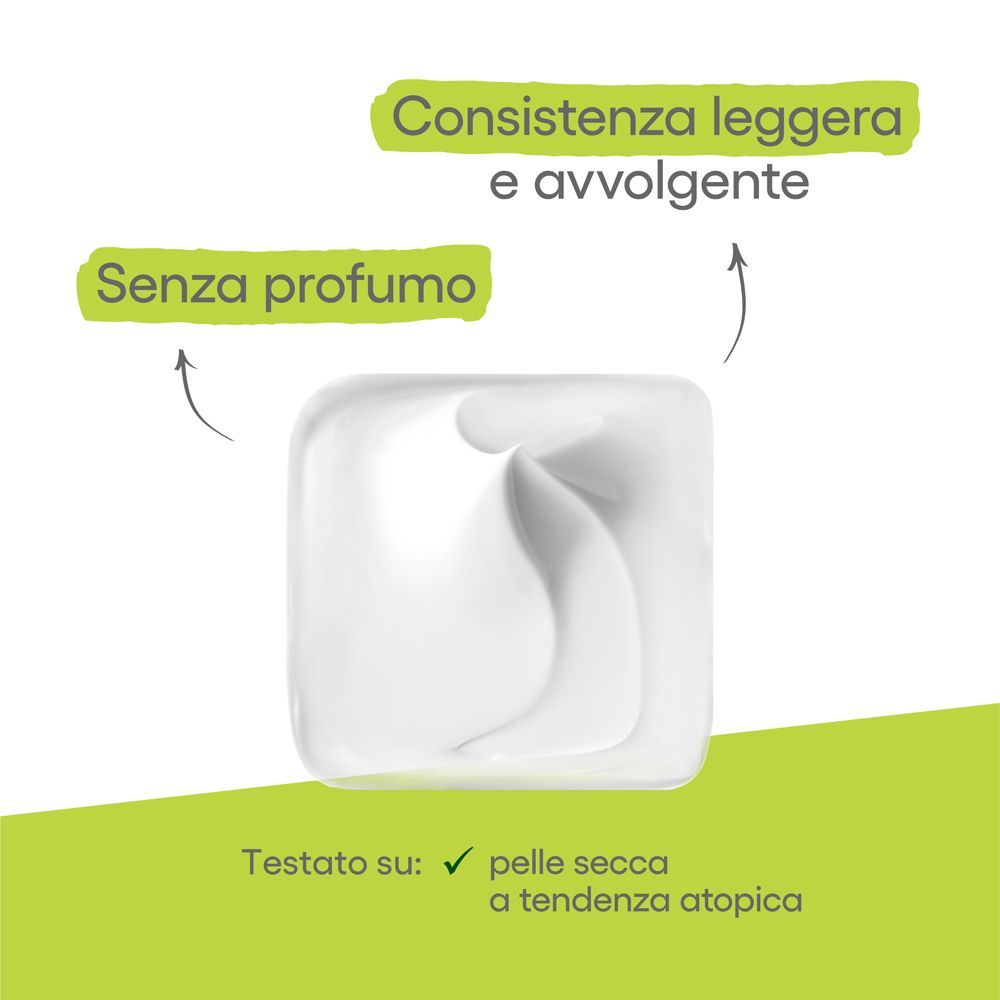 Texture crema. Senza profumo. Leggera, avvolgente. Testato su pelli secche a tendenza atopica.