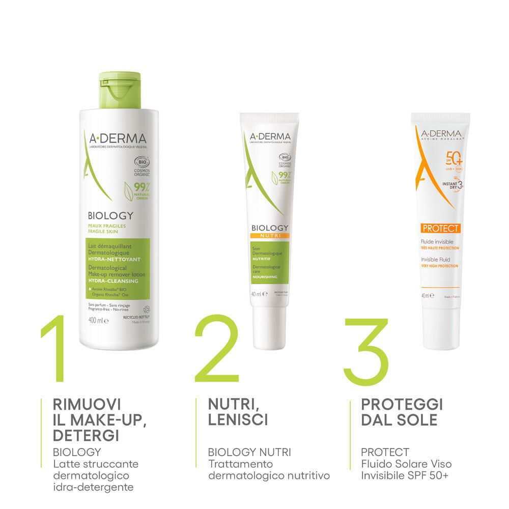 Tre prodotti: struccante, trattamento, protezione solare. A-Derma Biology. Cura dermatologica per pelli secche.