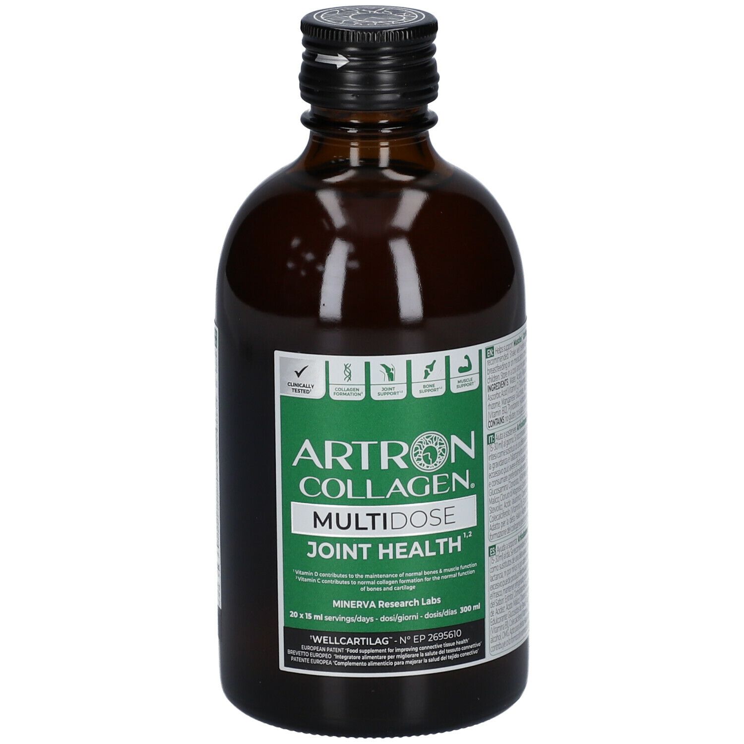 Bottiglia di vetro marrone con tappo nero. Etichetta con nome del prodotto ARTRON COLLAGEN® Multidose e dettagli verdi.