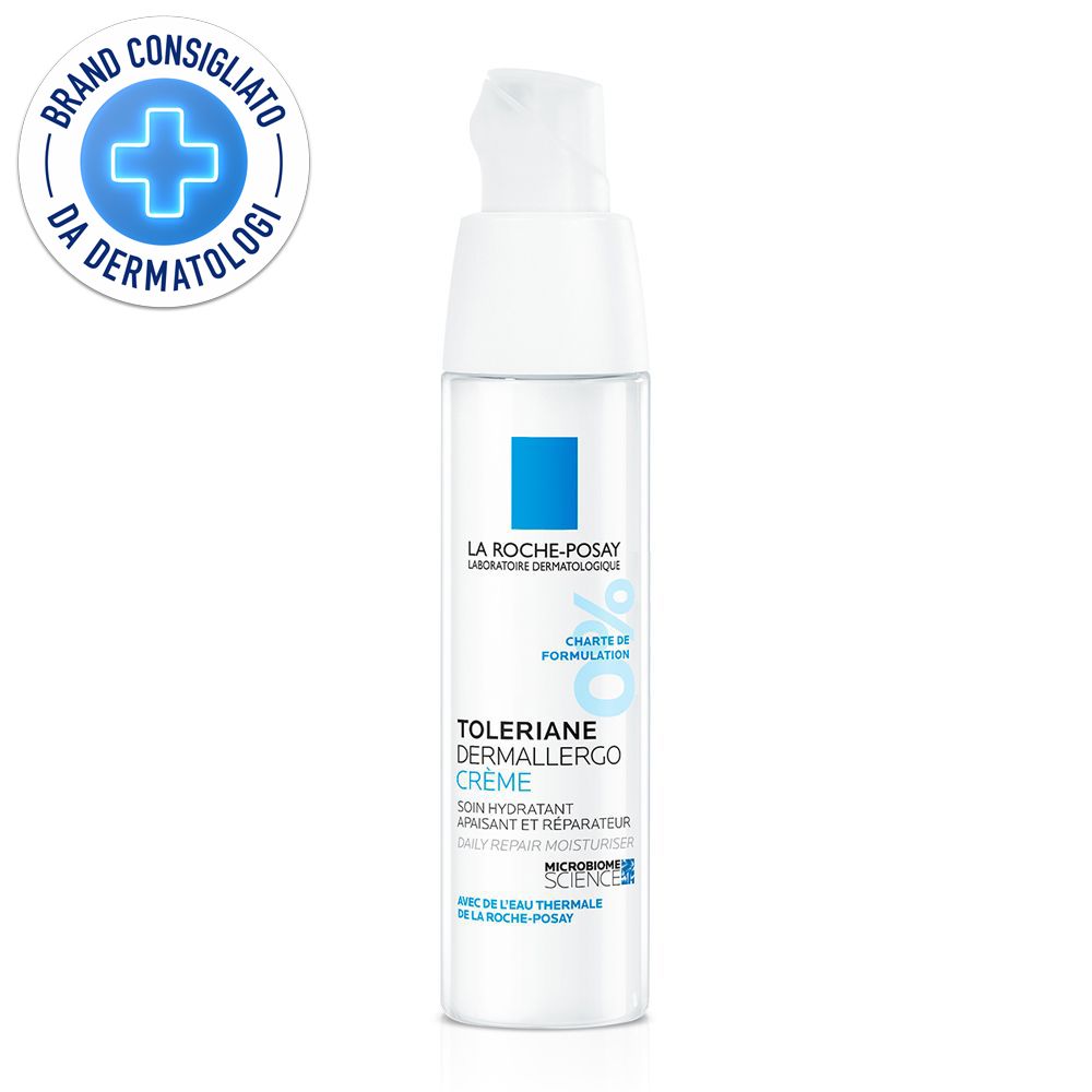 Tubo di crema bianco con quadrato blu e testo. Logo: Brand Consigliato da Dermatologi.