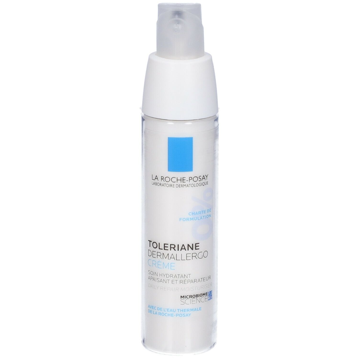 Tubo di crema bianco con quadrato blu e scritta. Nome del prodotto: Toleriane Dermallergo Crema.