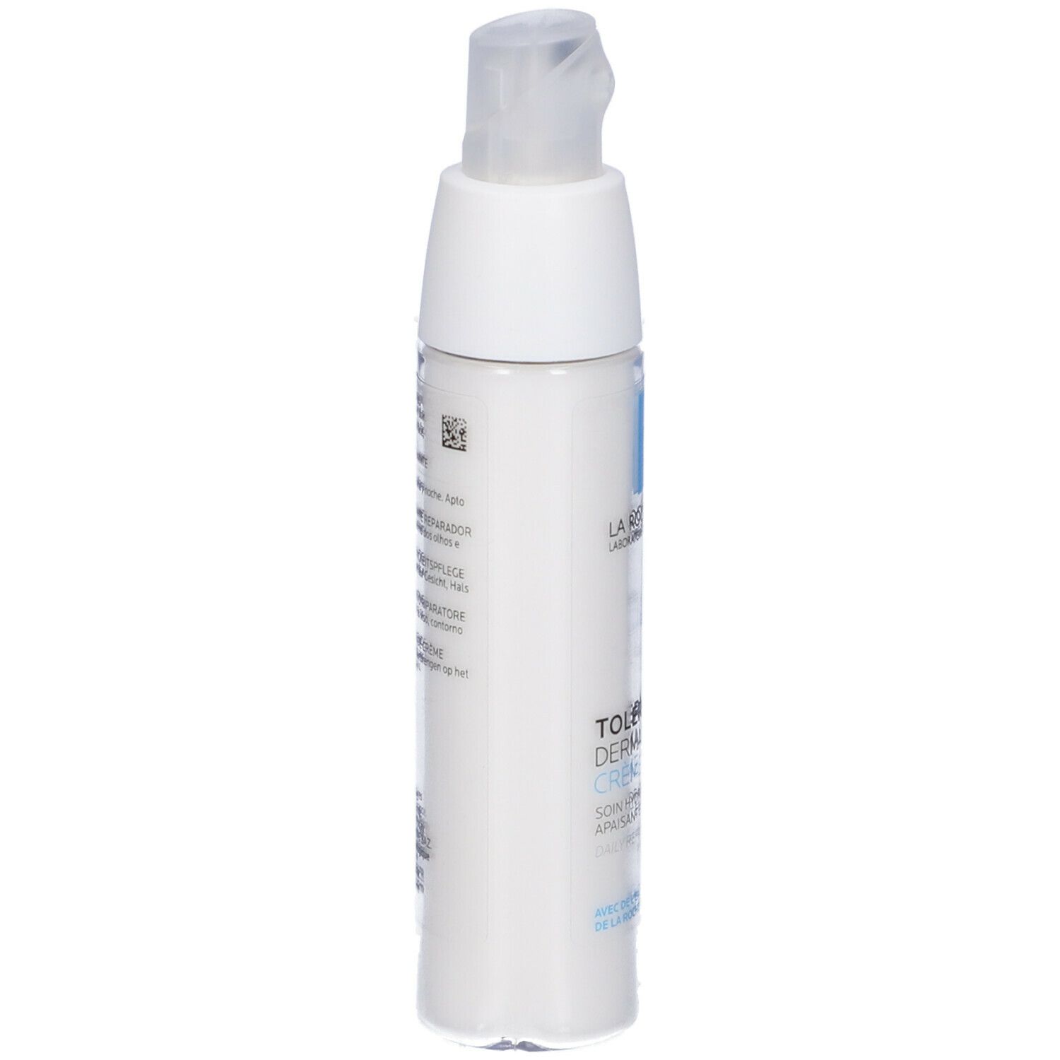 Tubo di crema bianco con quadrato blu e scritta. Nome del prodotto: Toleriane Dermallergo Crema.