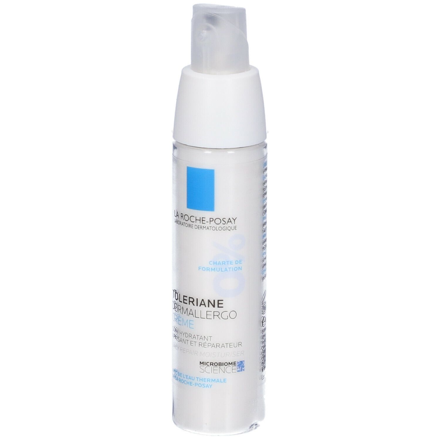 Tubo di crema bianco con quadrato blu e scritta. Nome del prodotto: Toleriane Dermallergo Crema.