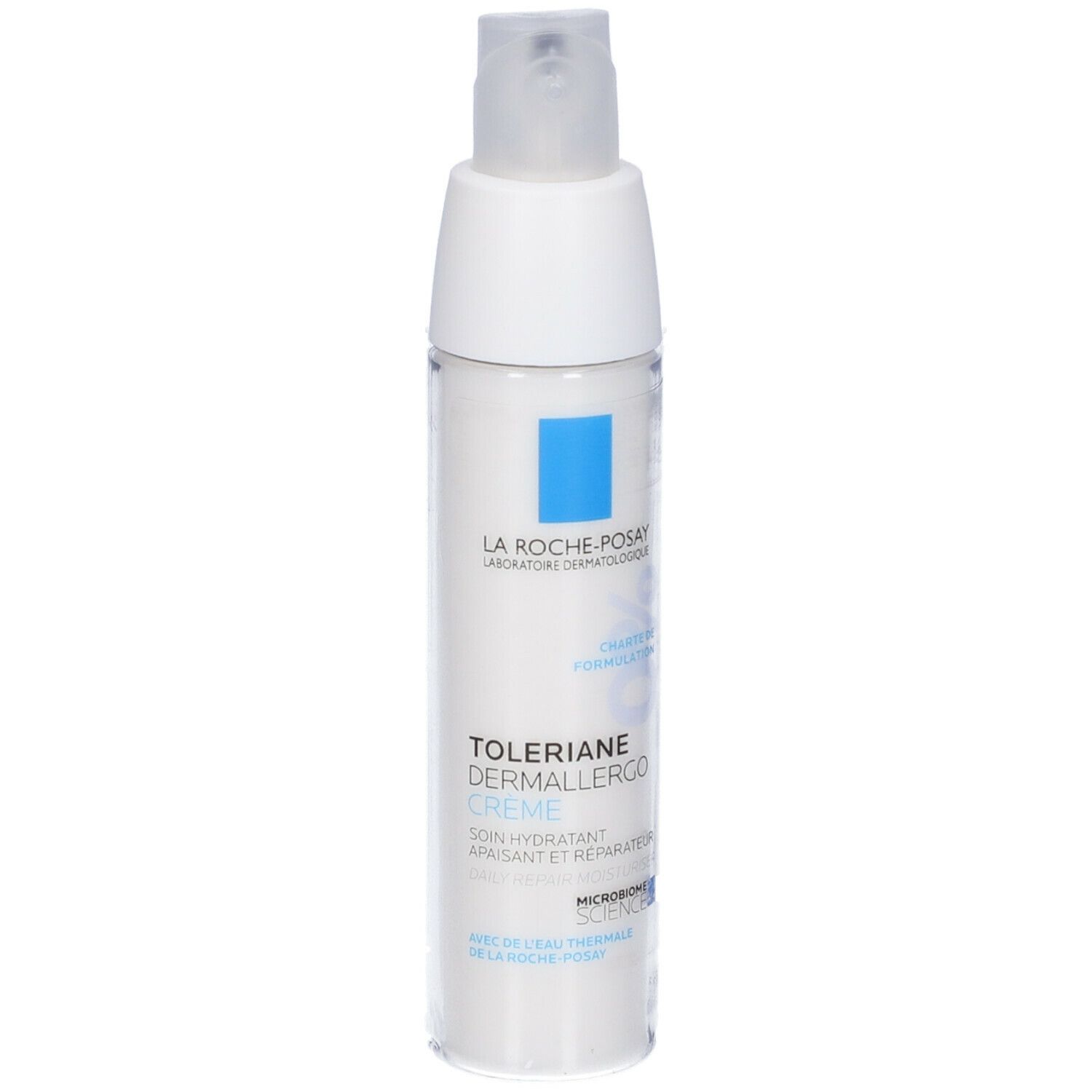 Tubo di crema bianco con quadrato blu e scritta. Nome del prodotto: Toleriane Dermallergo Crema.