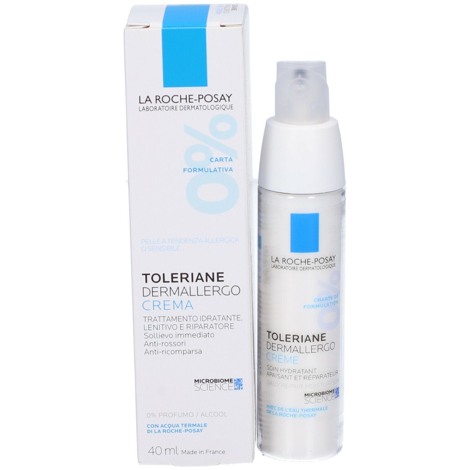 Tubo di crema e confezione. Scritta: Toleriane Dermallergo Crema, 40 ml.