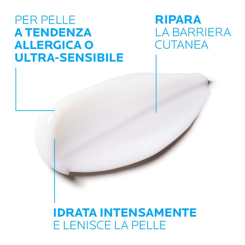 Macchia di crema bianca con testo. Scritta: Idratata intensamente e lenisce la pelle.