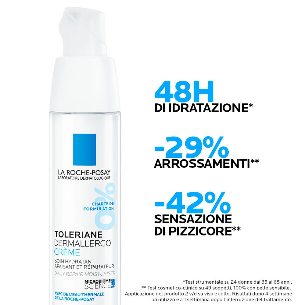 Tubo di crema bianco con testo e grafica. Scritta: 48H di idratazione, -29% arrossamenti.