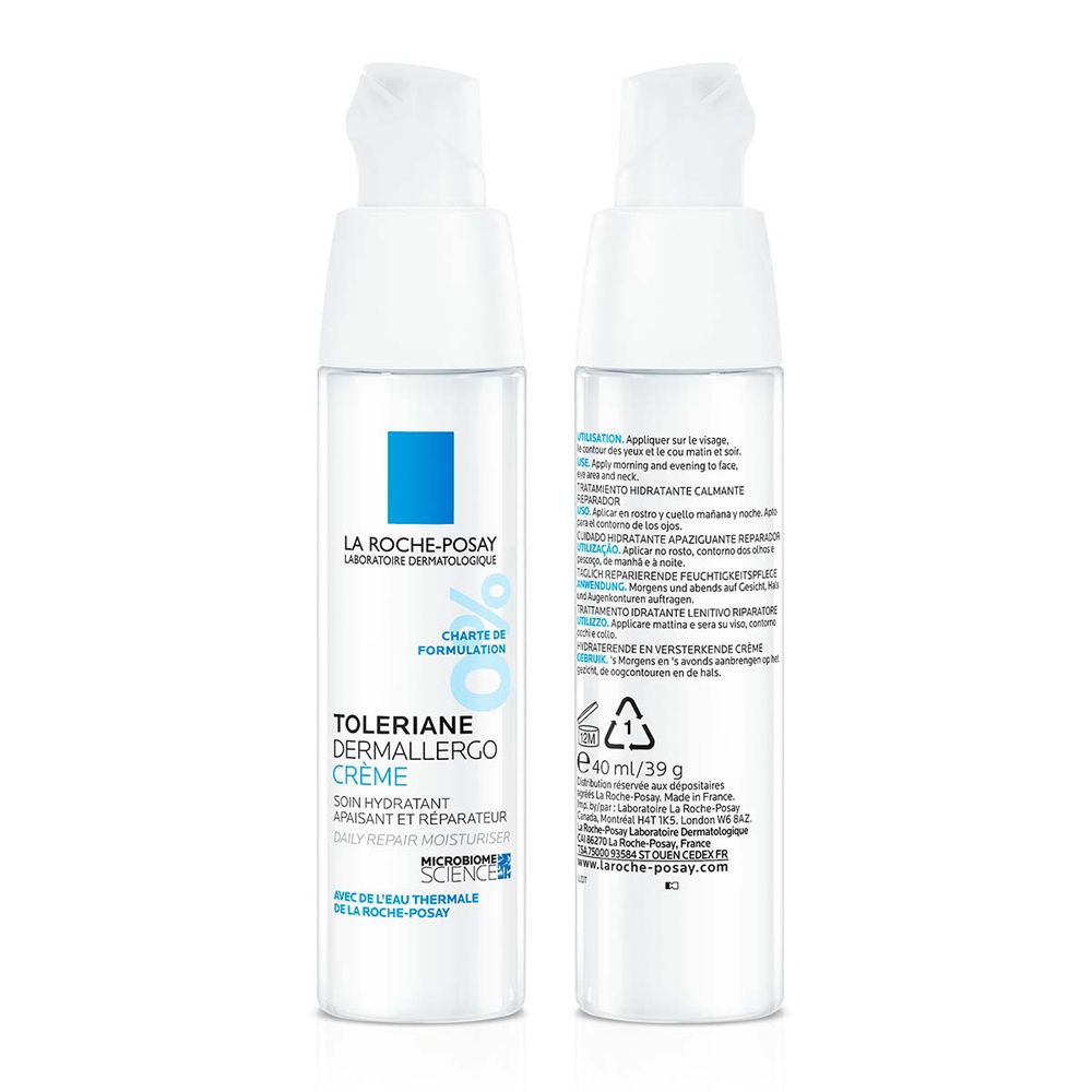 Tubo di crema bianco con testo. Scritta: Toleriane Dermallergo Crema, 40 ml, 39 g.