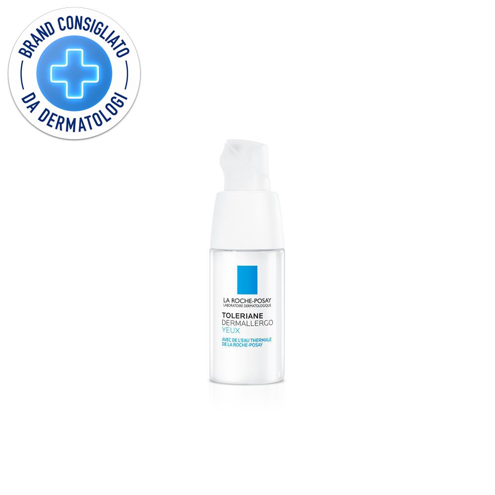 Flacone bianco con etichetta blu. Scritta: La Roche-Posay Toleriane Dermallergo Occhi. Logo: Brand Consigliato da Dermatologi.