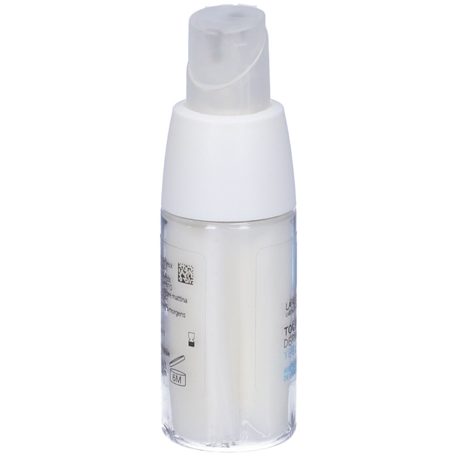 Flacone bianco con etichetta blu. Scritta: La Roche-Posay Toleriane Dermallergo Occhi. Crema occhi.
